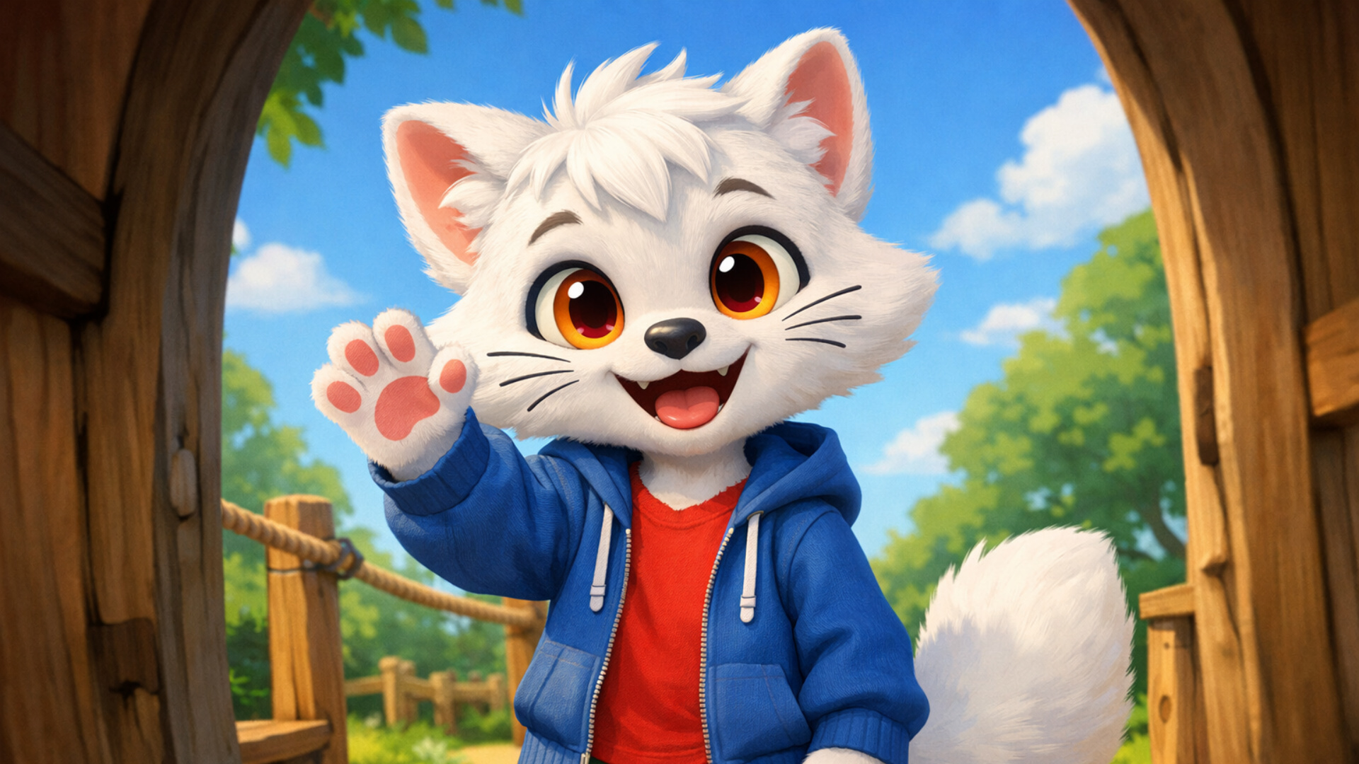 3d fluid expressive animation of an anthro male raccoon kid disguised as a white cat waving and t...