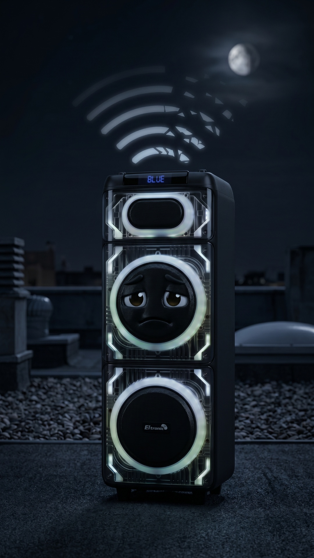 A single Eltronic speaker (20-22) stands on a rooftop at night. City lights in the background, Mo...