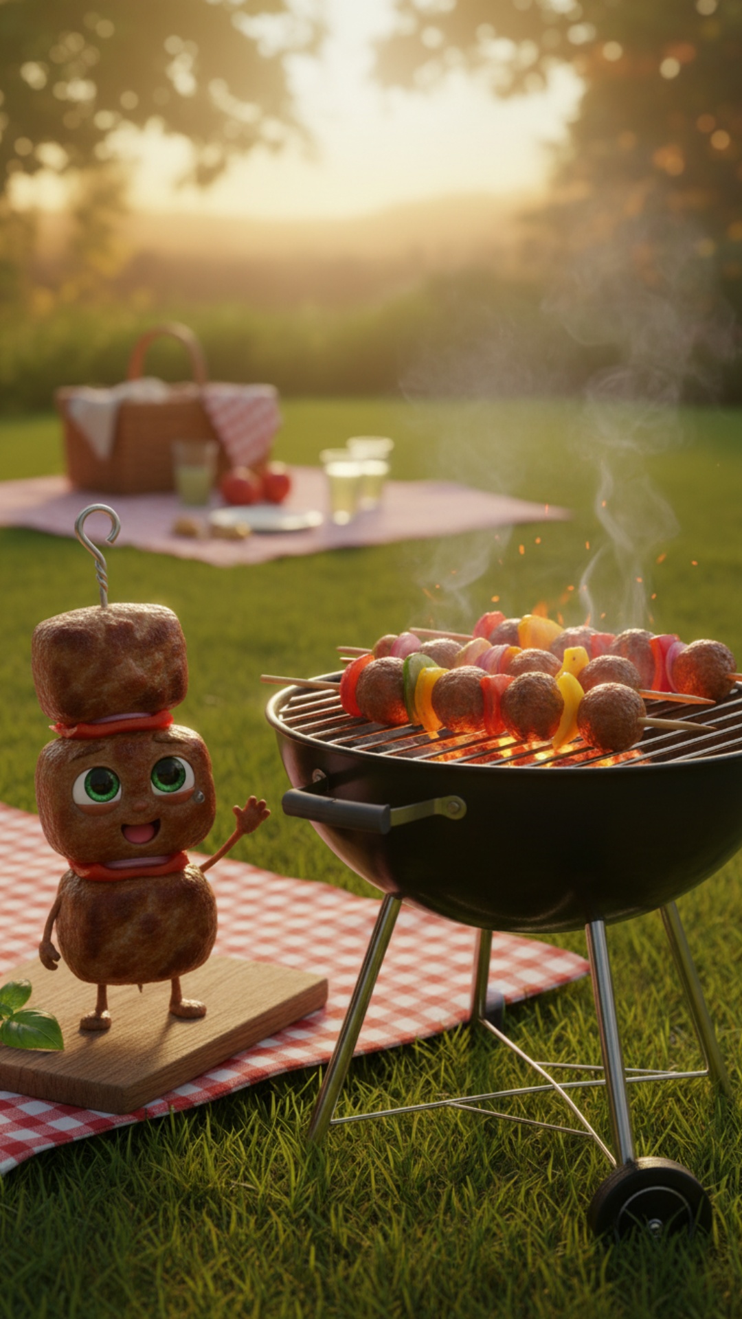 3D animated Disney-style scene, warm sunset backyard atmosphere, cozy summer picnic mood, realist...