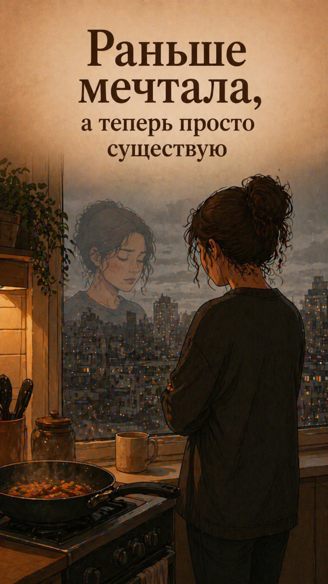 “Cinematic static shot of a young woman’s dark silhouette standing by a large window in a small a...
