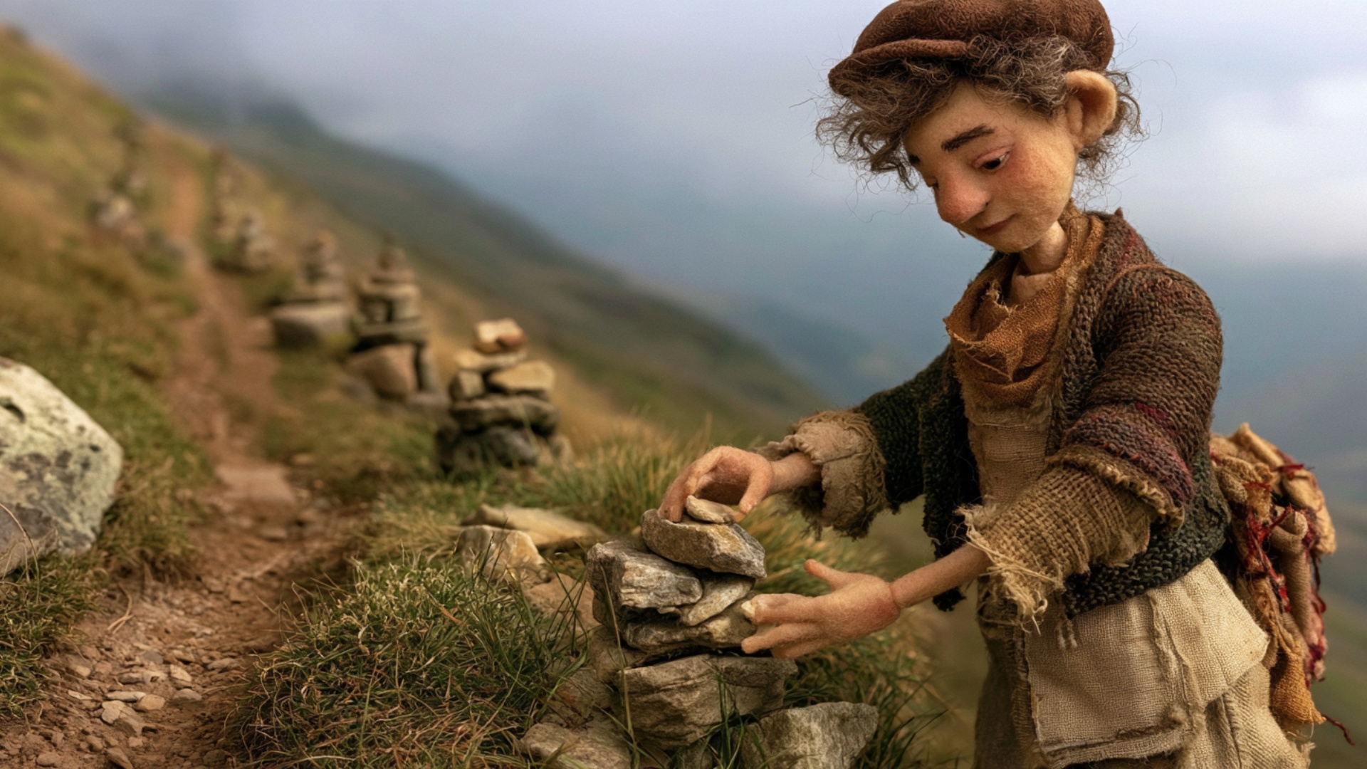 Cinematic push-in from the mountain path toward the woman and the stone cairn. She carefully lowe...