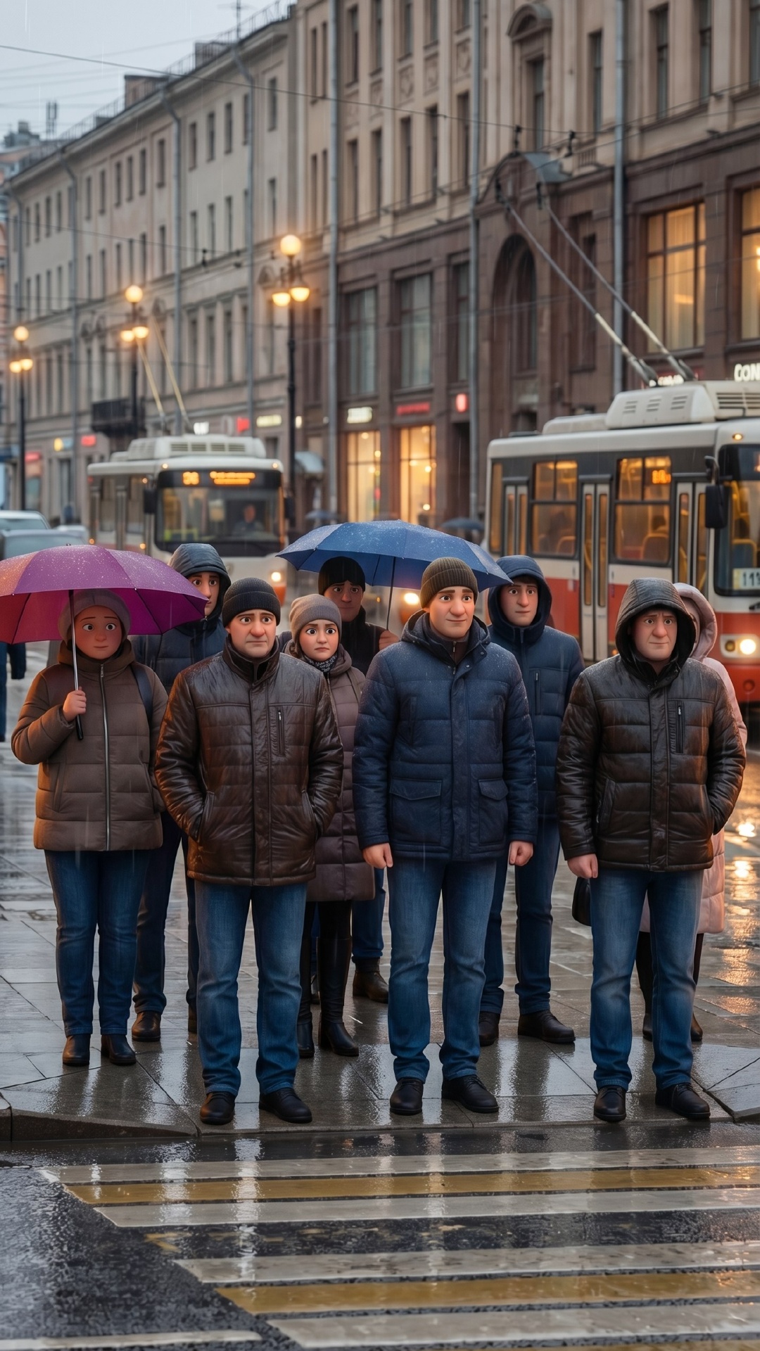 static cinematic street shot of a group of people standing together at a crosswalk in rainy Mosco...