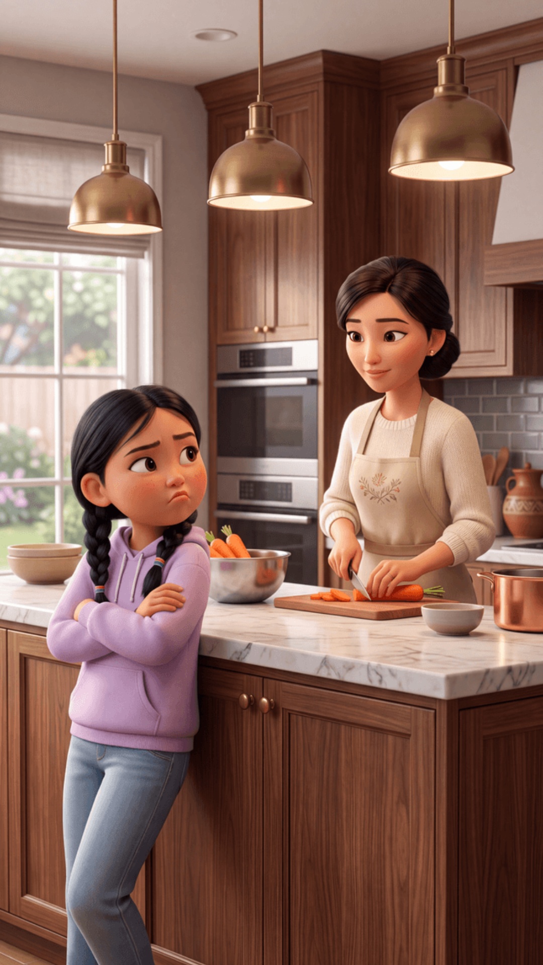 Pixar-style 3D animation, upscale kitchen with brass pendant lights, soft window daylight. Kyrgyz...