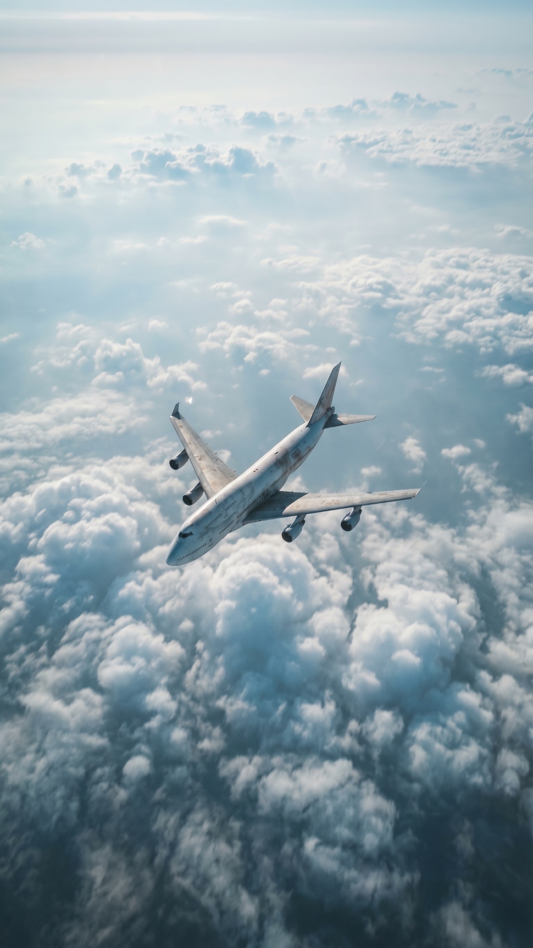 Ultra photorealistic commercial cargo airplane flying through dense clouds at high altitude, real...
