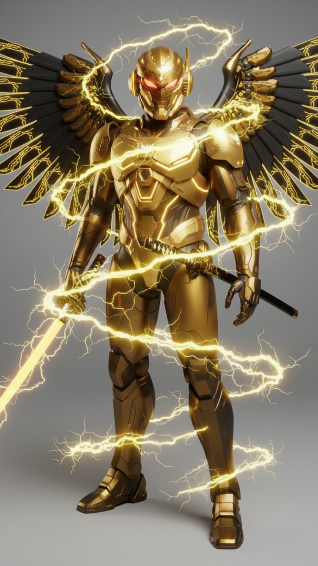 A cinematic wide shot of a futuristic golden samurai robot with large wings and an electric sword...