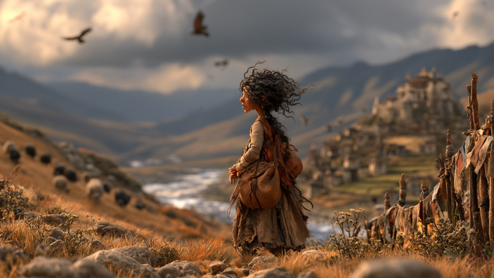 The woman remains standing on the windswept highland slope and then begins walking slowly forward...
