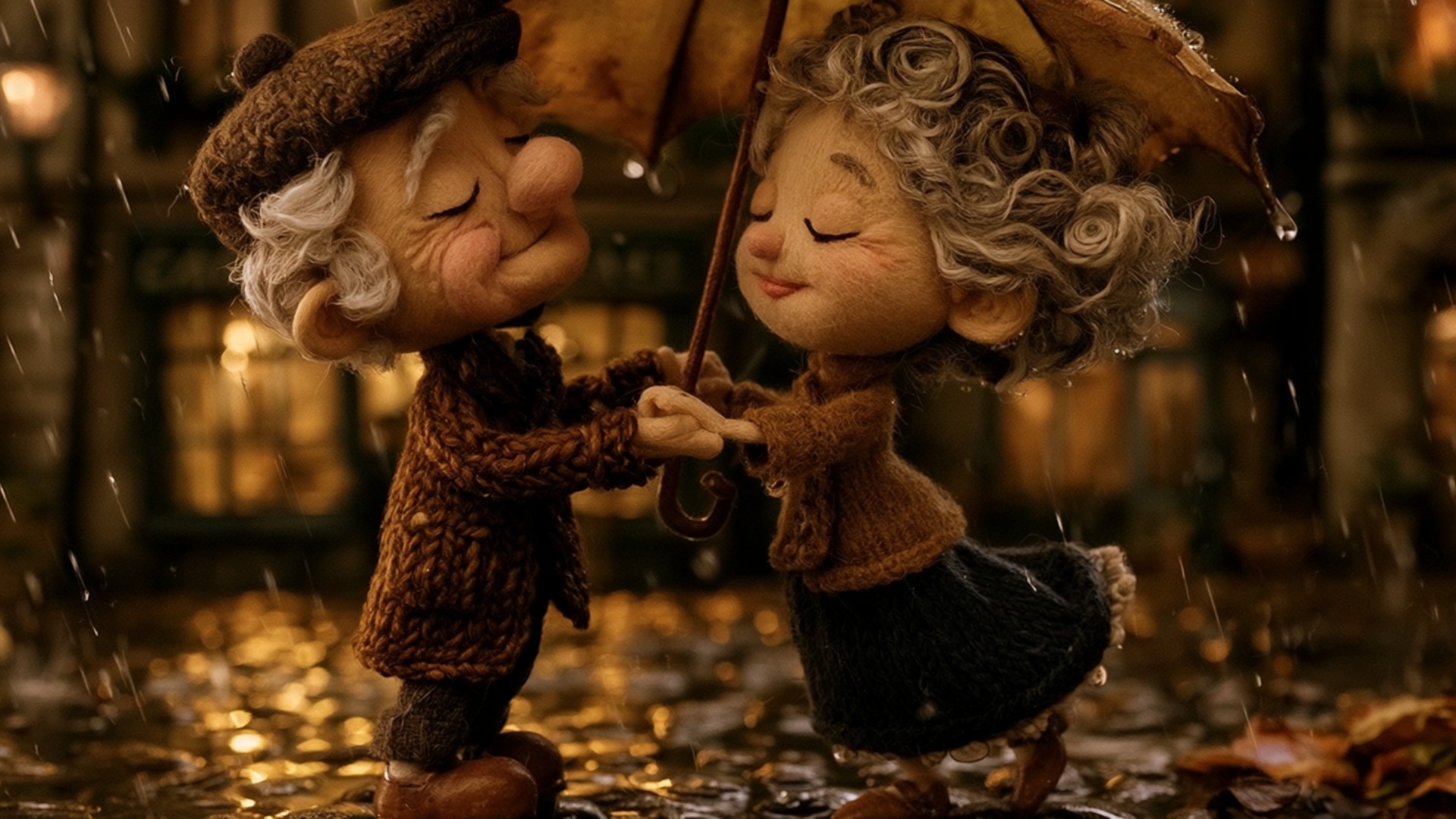 Starting from their existing dance pose, the couple makes one slow gentle half-turn together bene...