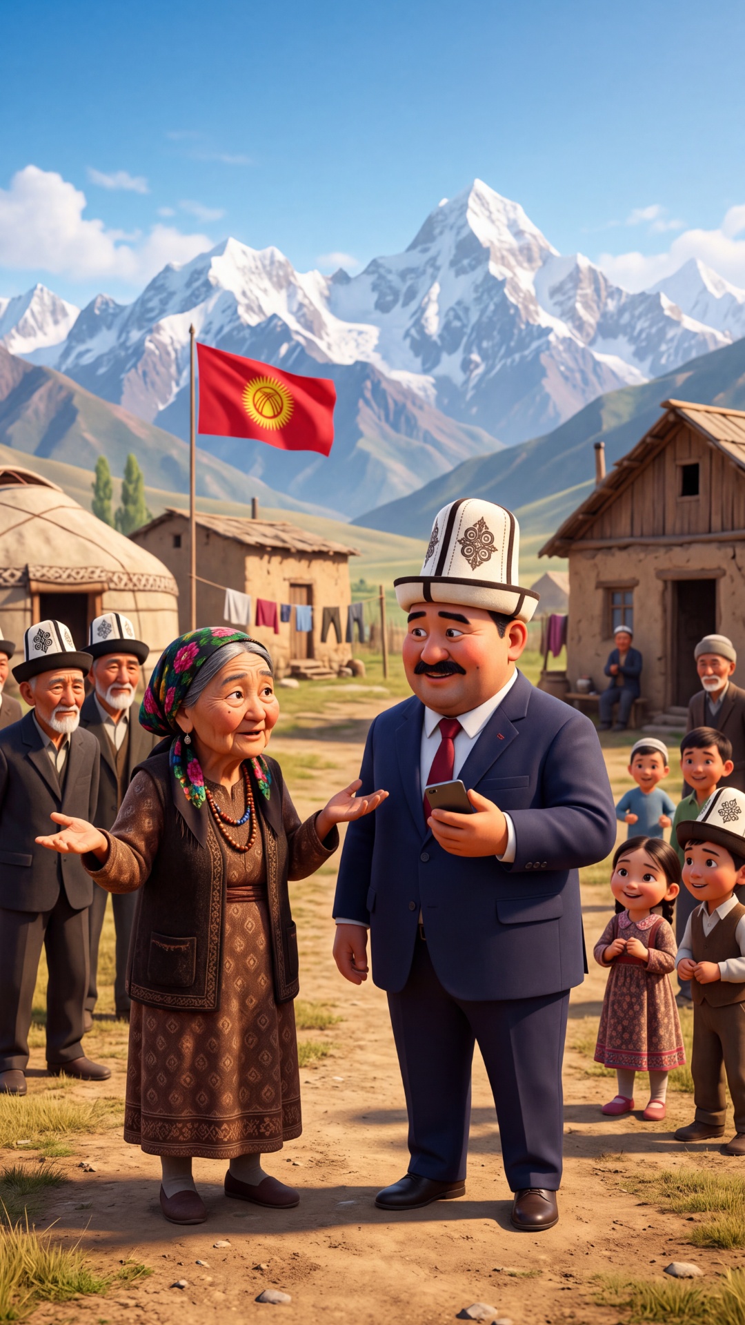Image-to-video from the provided frame. Pixar-style 3D, 9:16. The GRANDMA (elderly Kyrgyz woman, ...