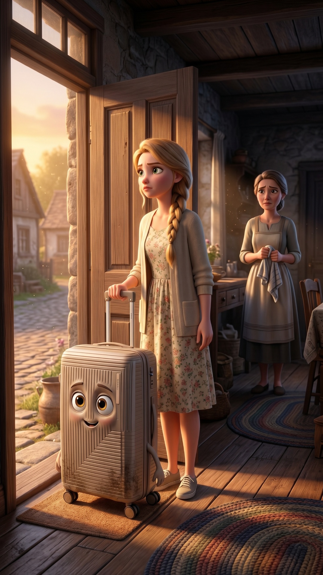 Slow cinematic shot near the open front door.

Evdokia stands at the door holding the suitcase ...