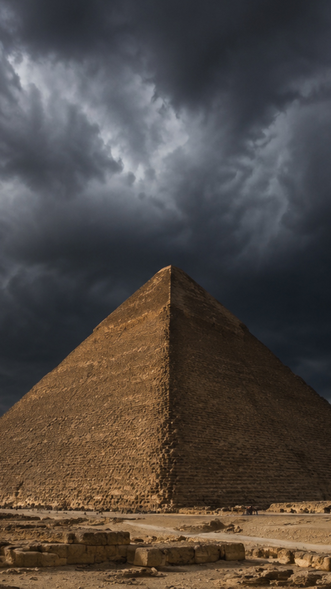 A dark storm cloud gathering over the Great Pyramid of Giza