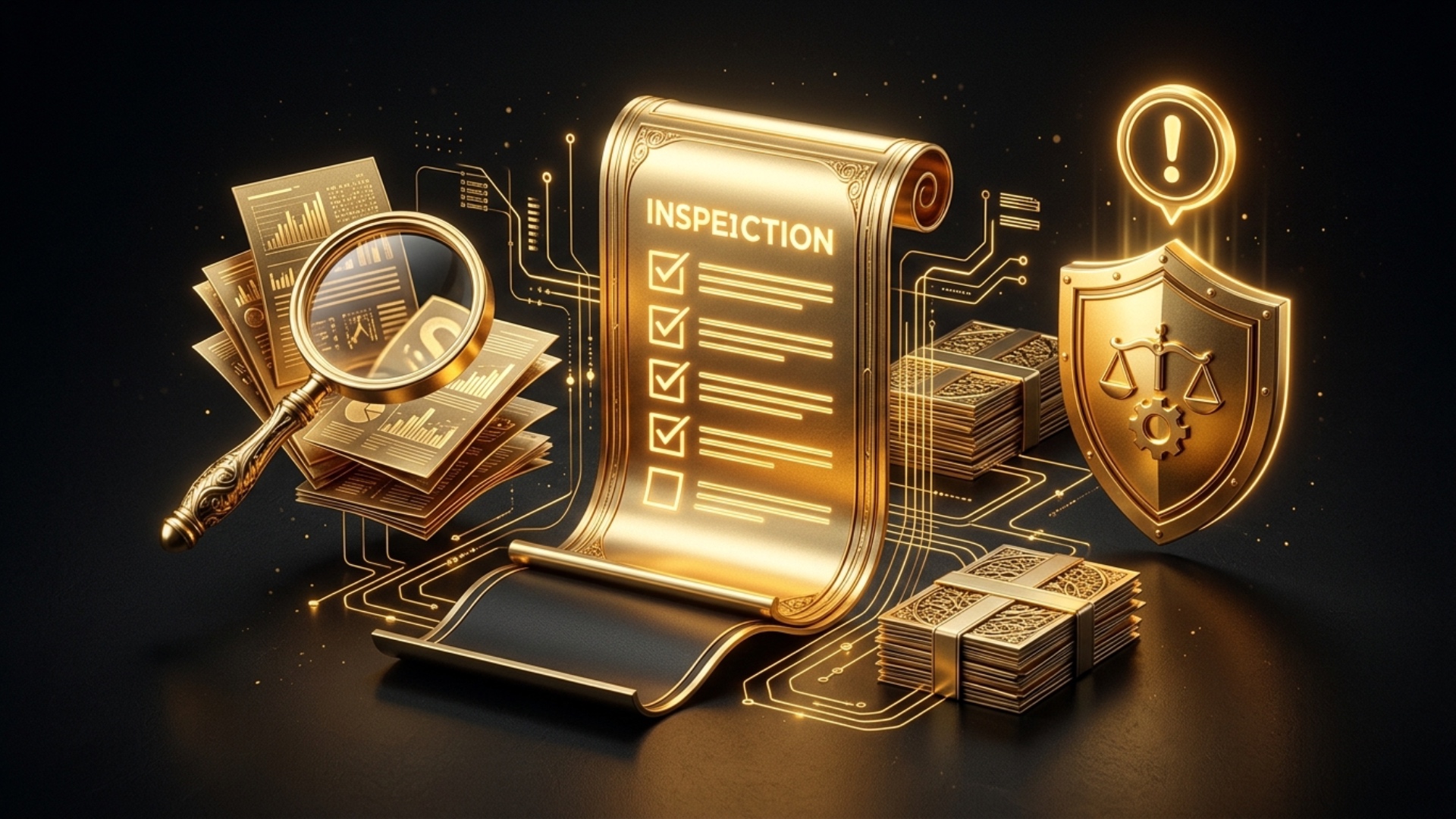 Slow cinematic orbit around a giant golden tax document. A glowing golden magnifying glass scans ...