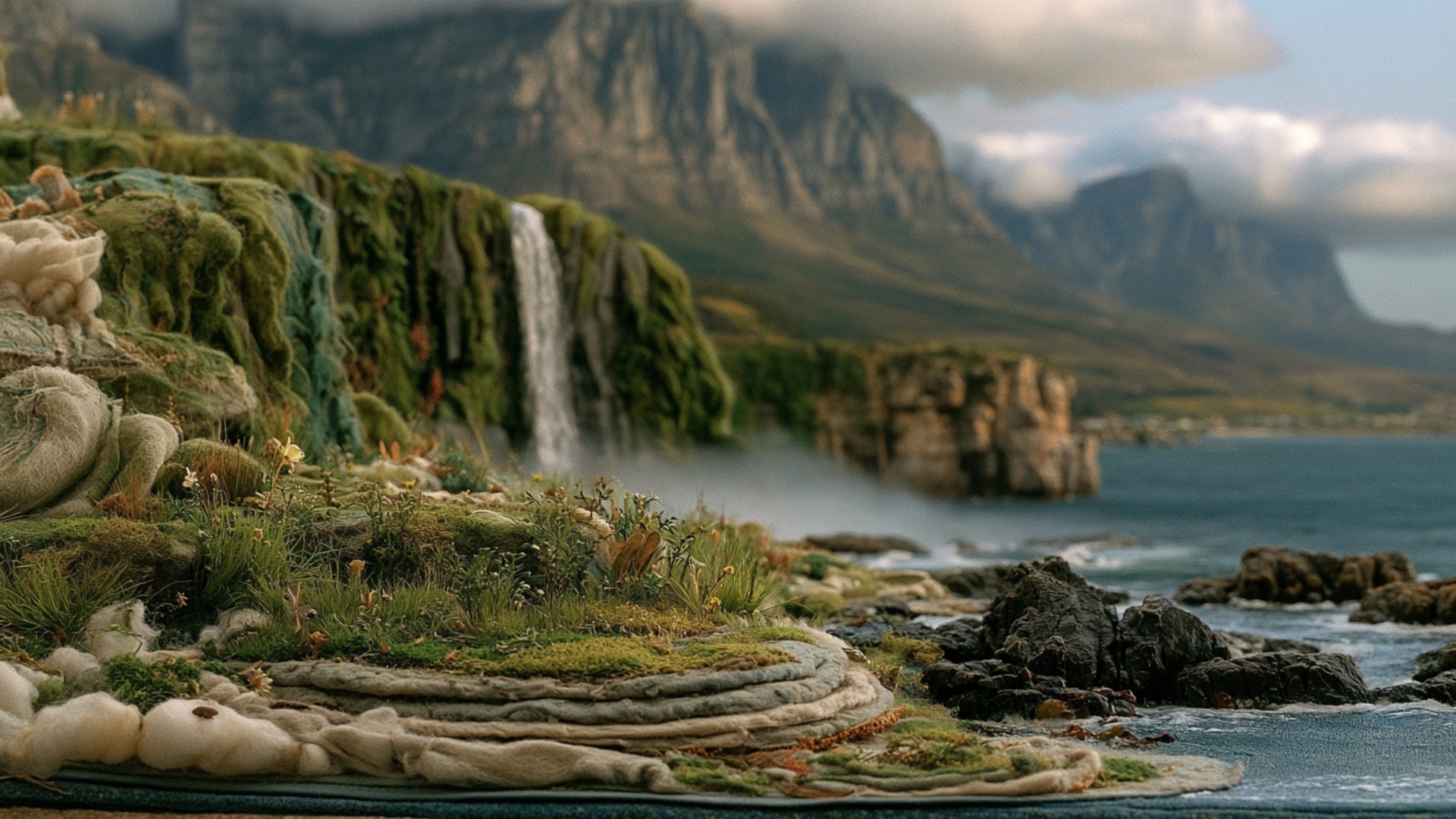 Gentle lateral camera drift toward the waterfall. The existing waterfall pours continuously over ...