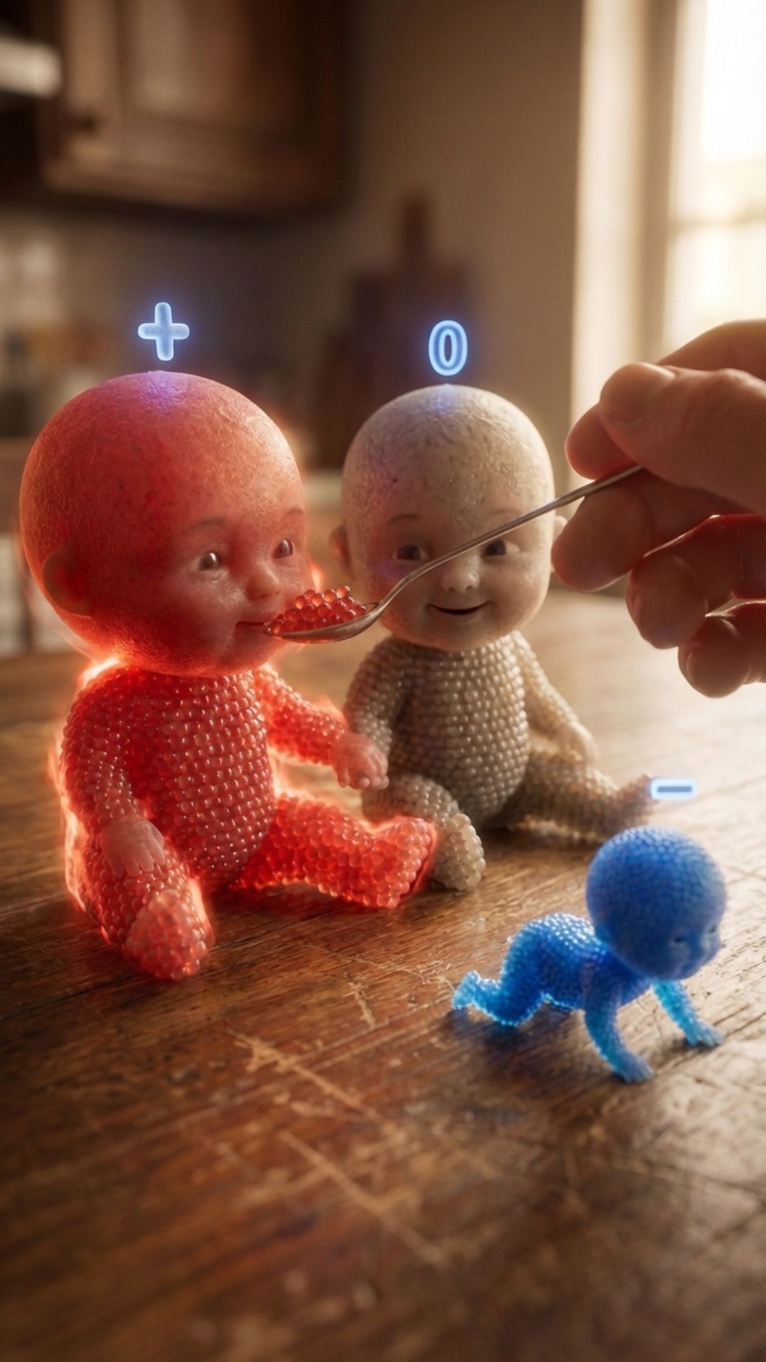 Baby proton and Baby neutron sitting on a wooden table together, neutron on the right, proton on ...