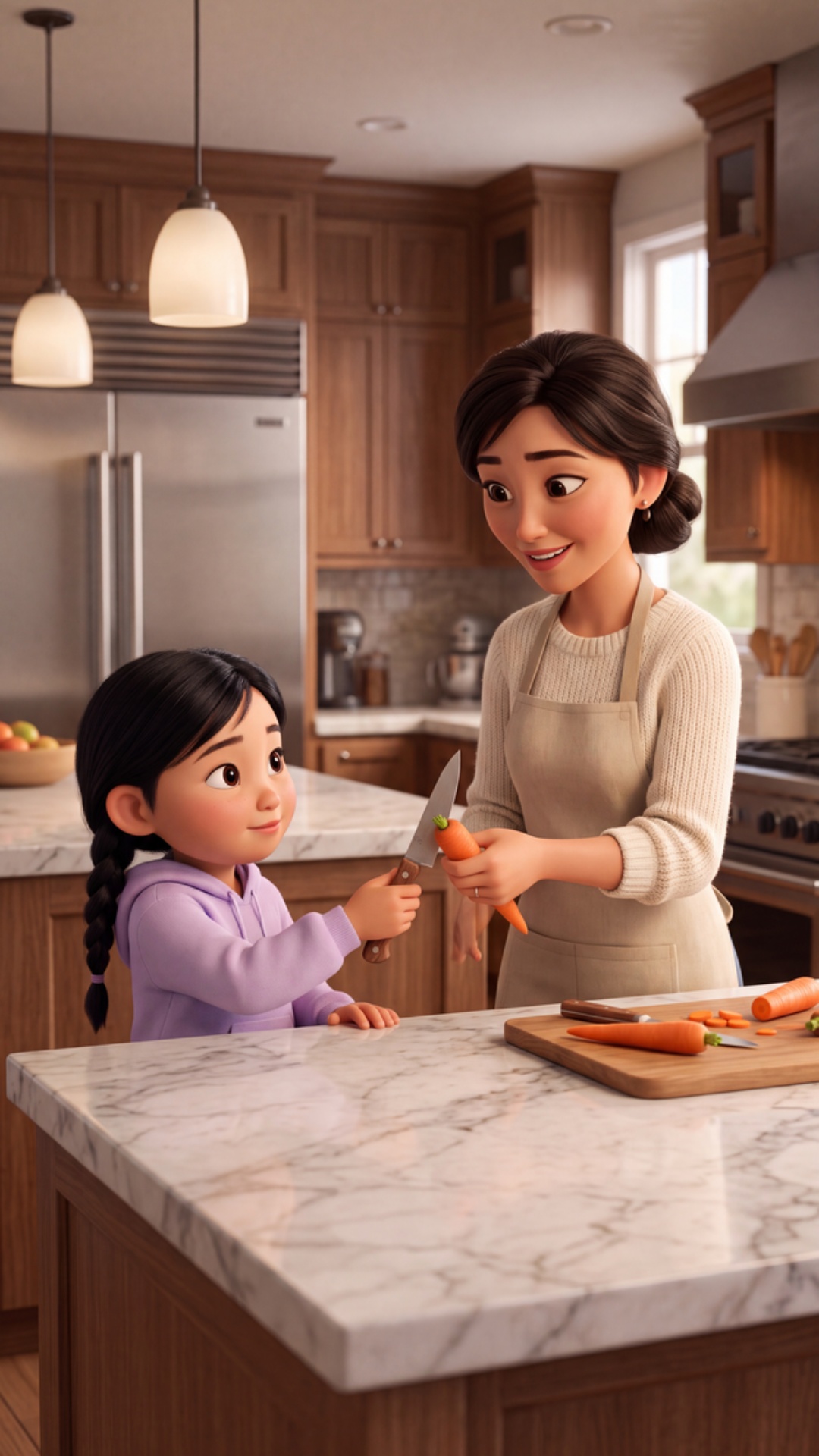 Pixar-style 3D animation, upscale kitchen, marble island, soft pendant light. Kyrgyz mother ~30 (...