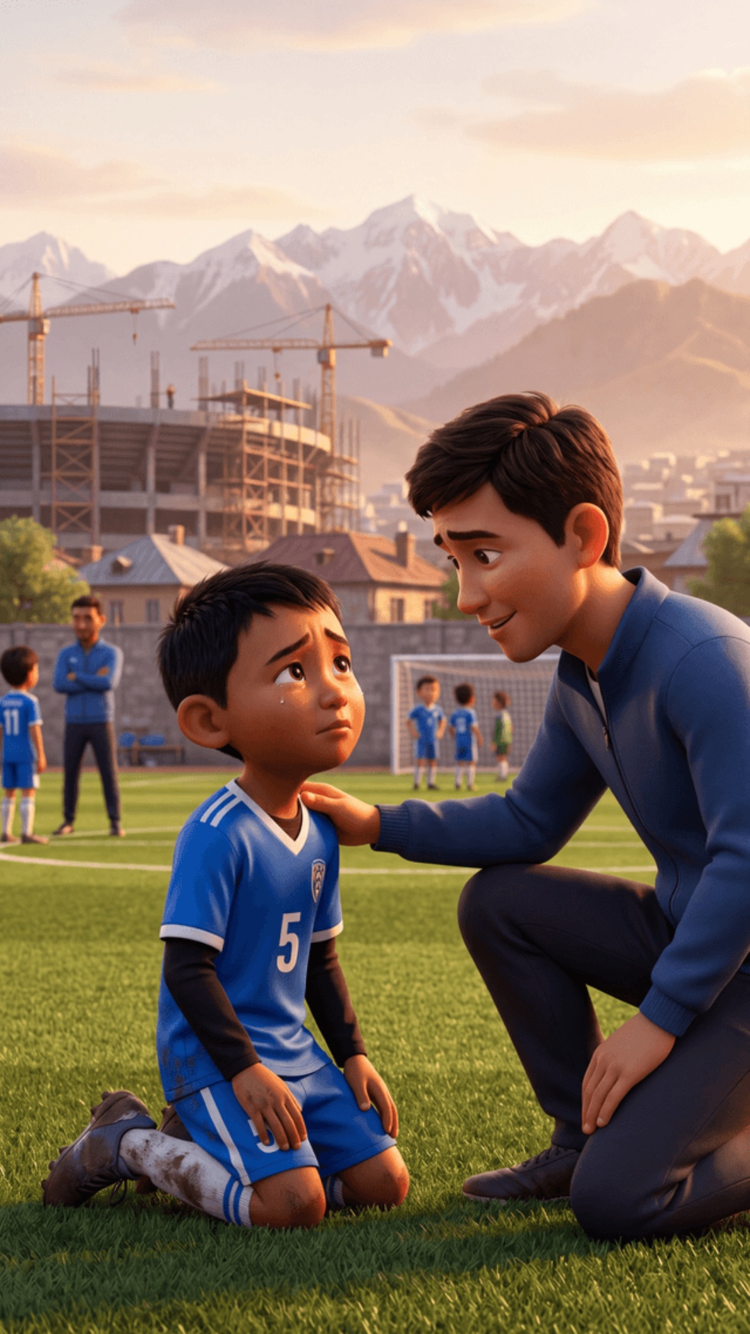 Pixar 3D animation style, cinematic quality.
Outdoor football pitch, Kyrgyzstan.
Young football c...