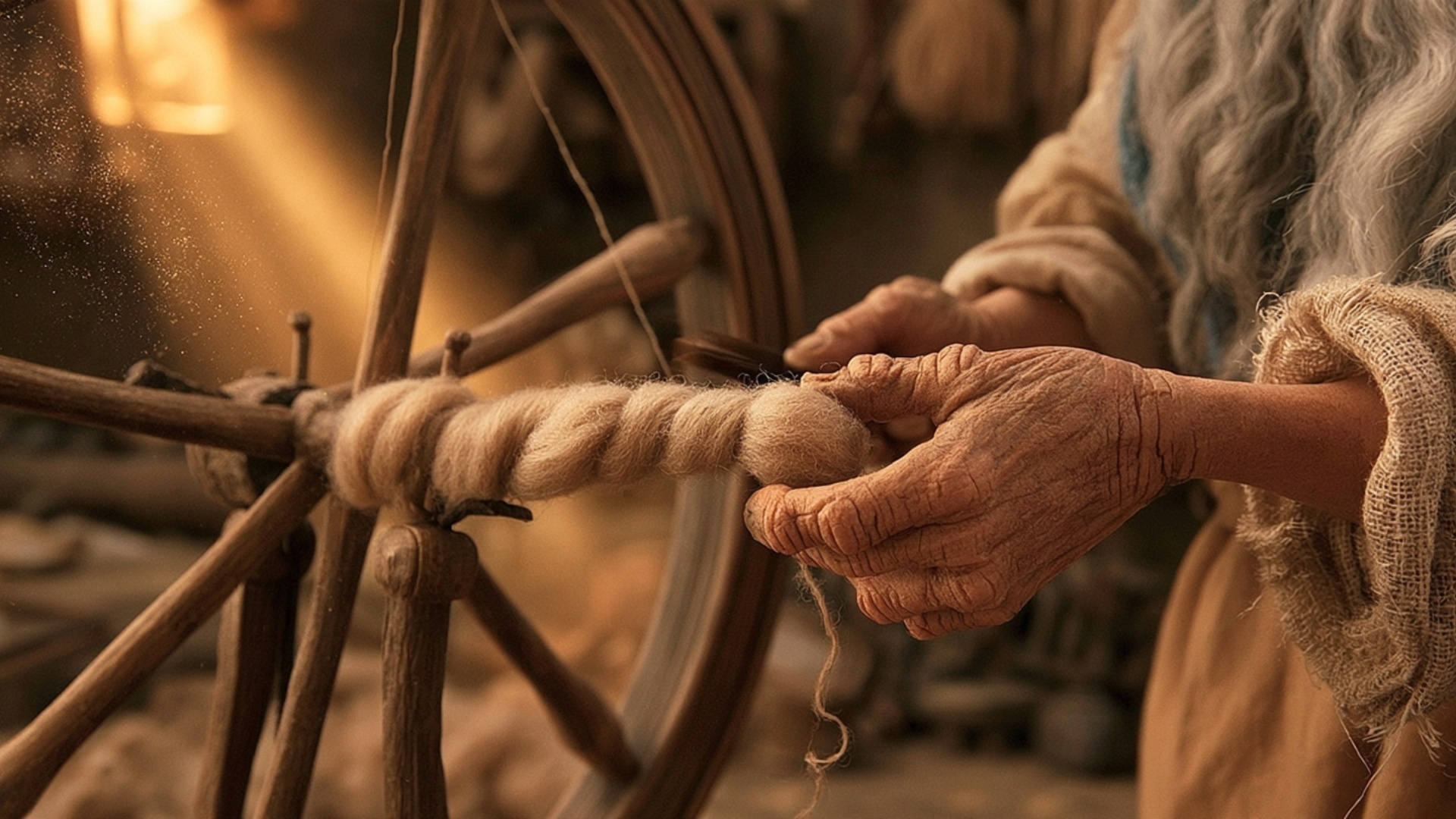 Slow push-in on the spinning wheel, the wool thread twisting and pulling taut as the wheel turns,...
