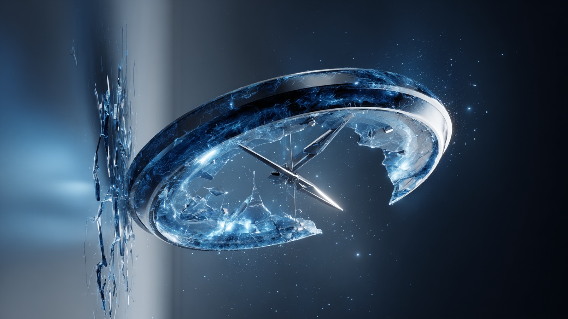 A cinematic animation of a glowing blue coin with dollar sign spinning in the air, then cracking ...