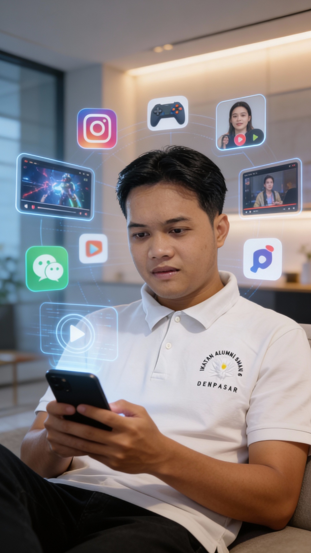 Seorang pria muda memegang smartphone, wajah menunjukkan ekspresi kagum dan terkejut positif, mat...