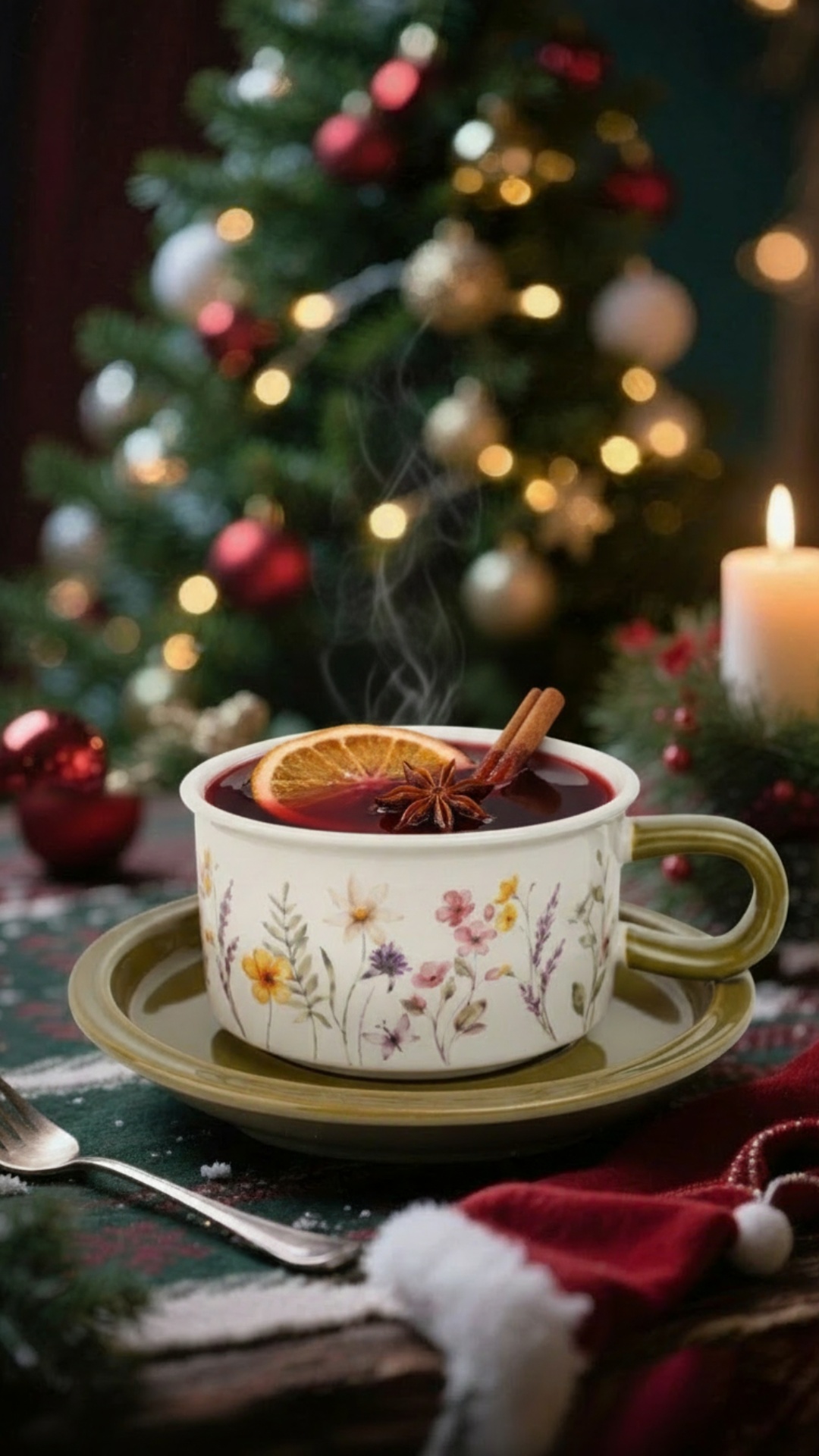 Magical cozy animation: hot mulled wine inside a ceramic cup releases rich swirling steam, decora...