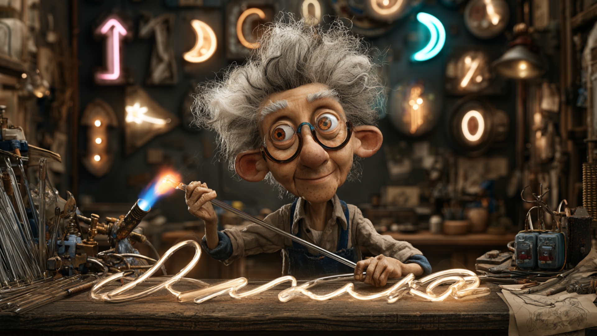 The elderly neon craftsman slowly rotates the thin glass tube between his fingers while holding o...