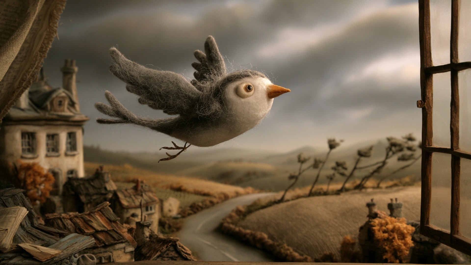 Begin exactly from the provided image. The textile bird flies forward away from the open window w...