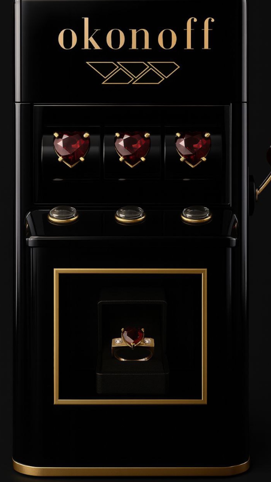 A luxurious black and gold slot machine branded "okonoff" stands centered against a dark glossy b...
