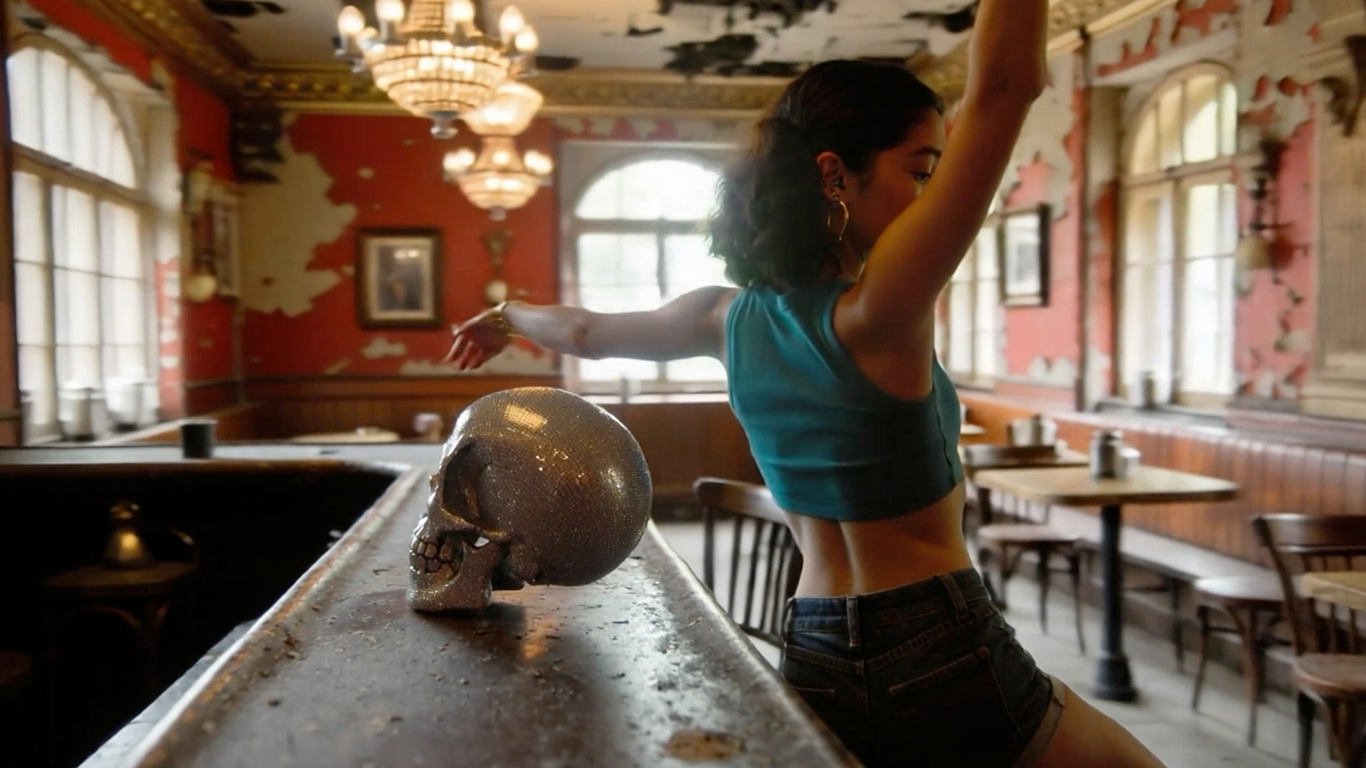 Zoom arrière. La danseuse grimpe par une cabriole sur le comptoir et fait un déboulé en demi-poin...