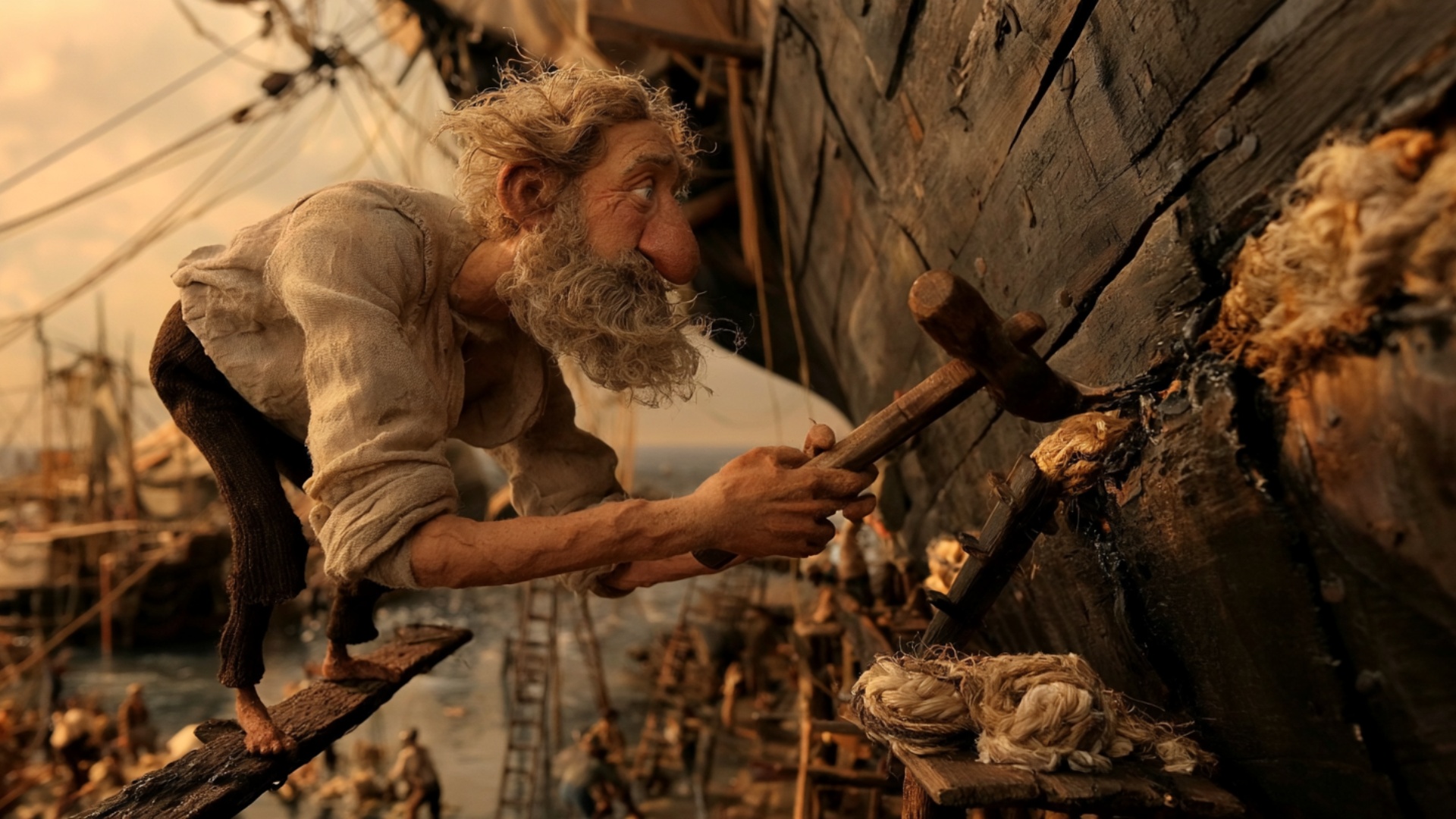 The ship caulker keeps the existing caulking iron firmly against the seam between the wooden hull...