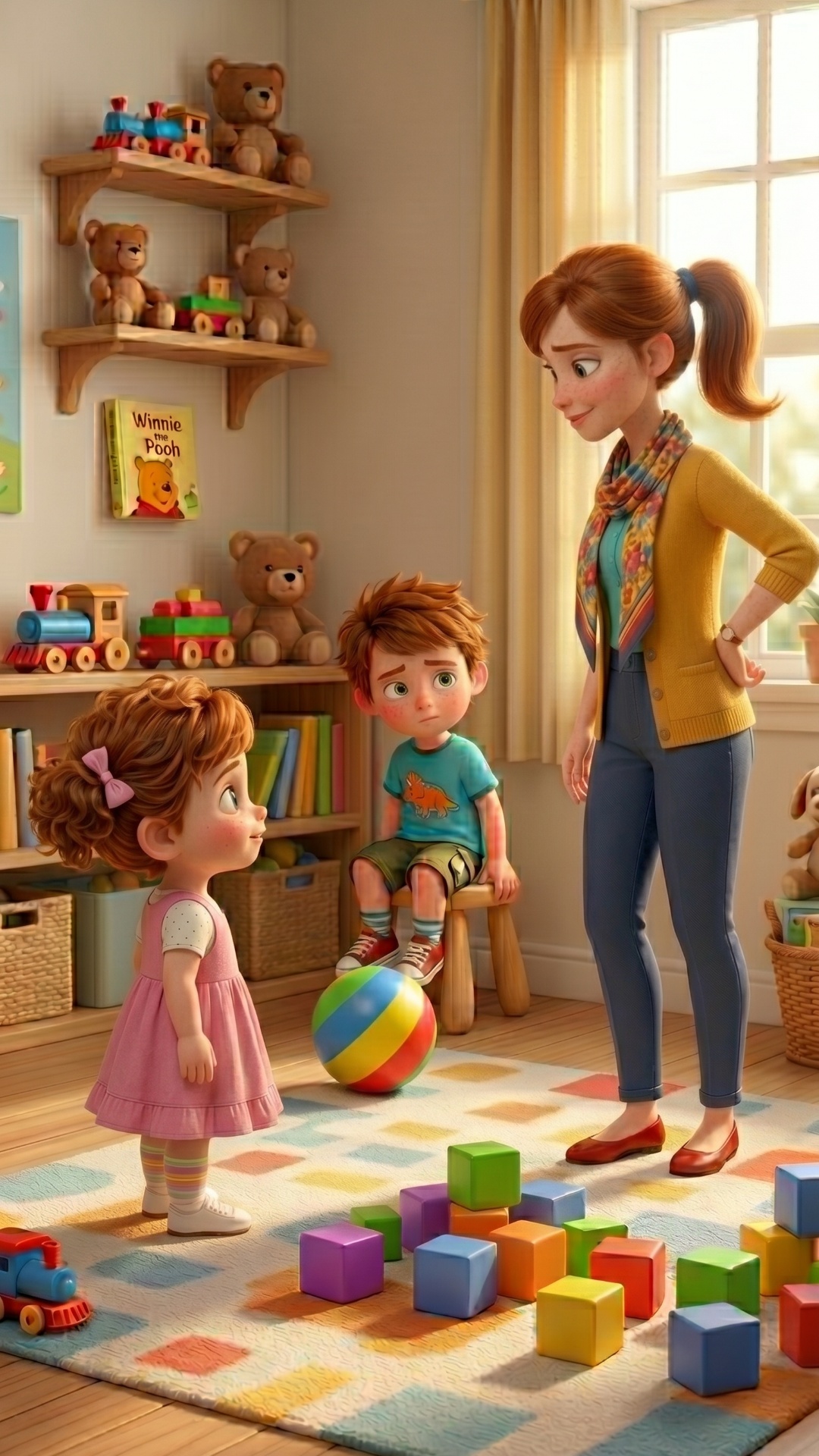 3D animation, Pixar style. A bright nursery filled with toys. Start state: Misha (a young boy in ...
