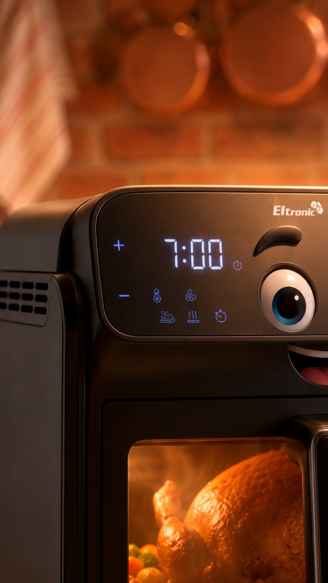 Static close-up of the air fryer control panel. The appliance remains completely motionless. Duri...