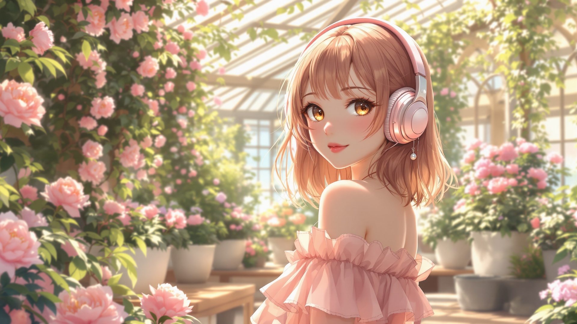 A fixed shot of a girl sitting completely still in one place, quietly listening to music. Her fac...