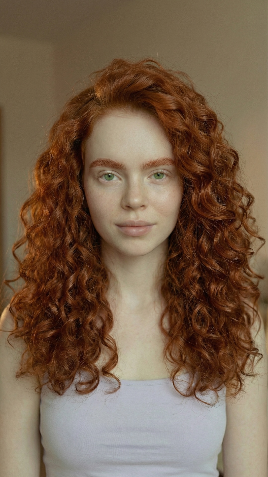 Medium close-up shot (chest-up), static camera, eye-level, vertical 9:16.

A young woman with ver...