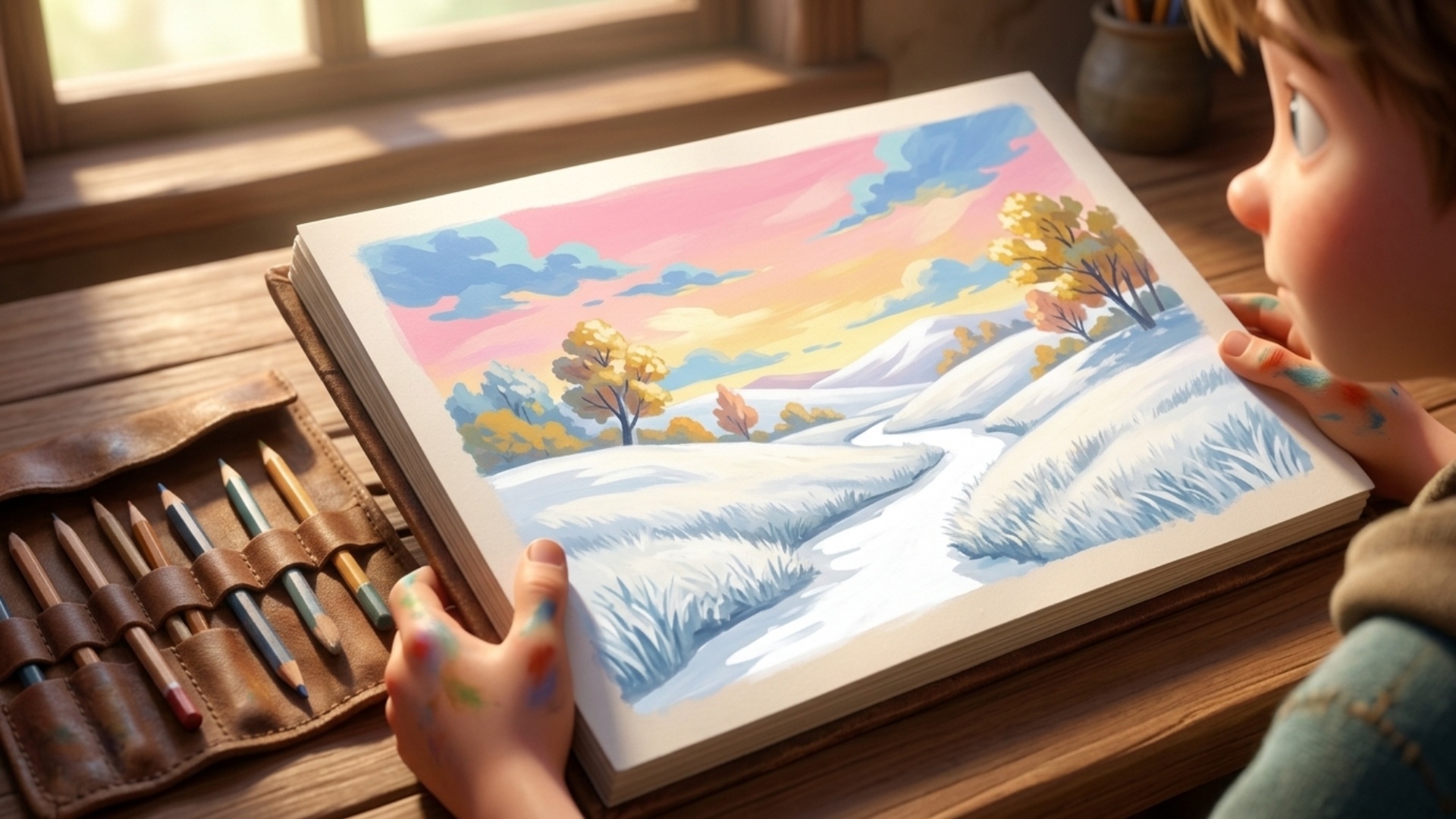 Art style: 3D Pixar.

Крупный план альбома мальчика. На странице красивый, яркий рисунок пейзажа,...
