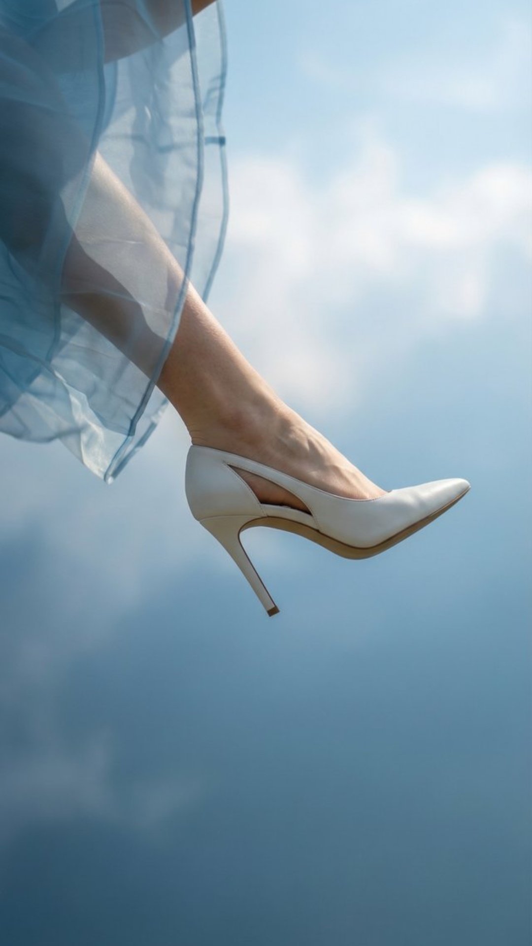 Extreme close-up of a white high-heeled shoe during mid-fall in open sky.

The leg remains extend...