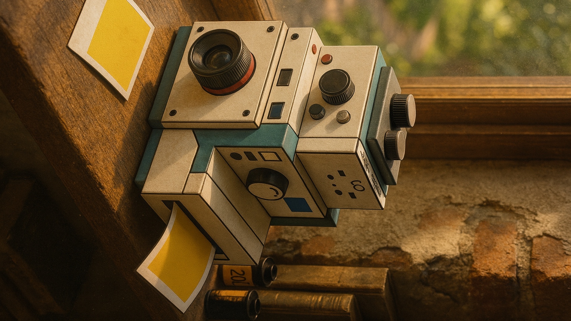 Static tripod shot on a worn wooden windowsill. A papercraft instant camera (off-white with teal ...