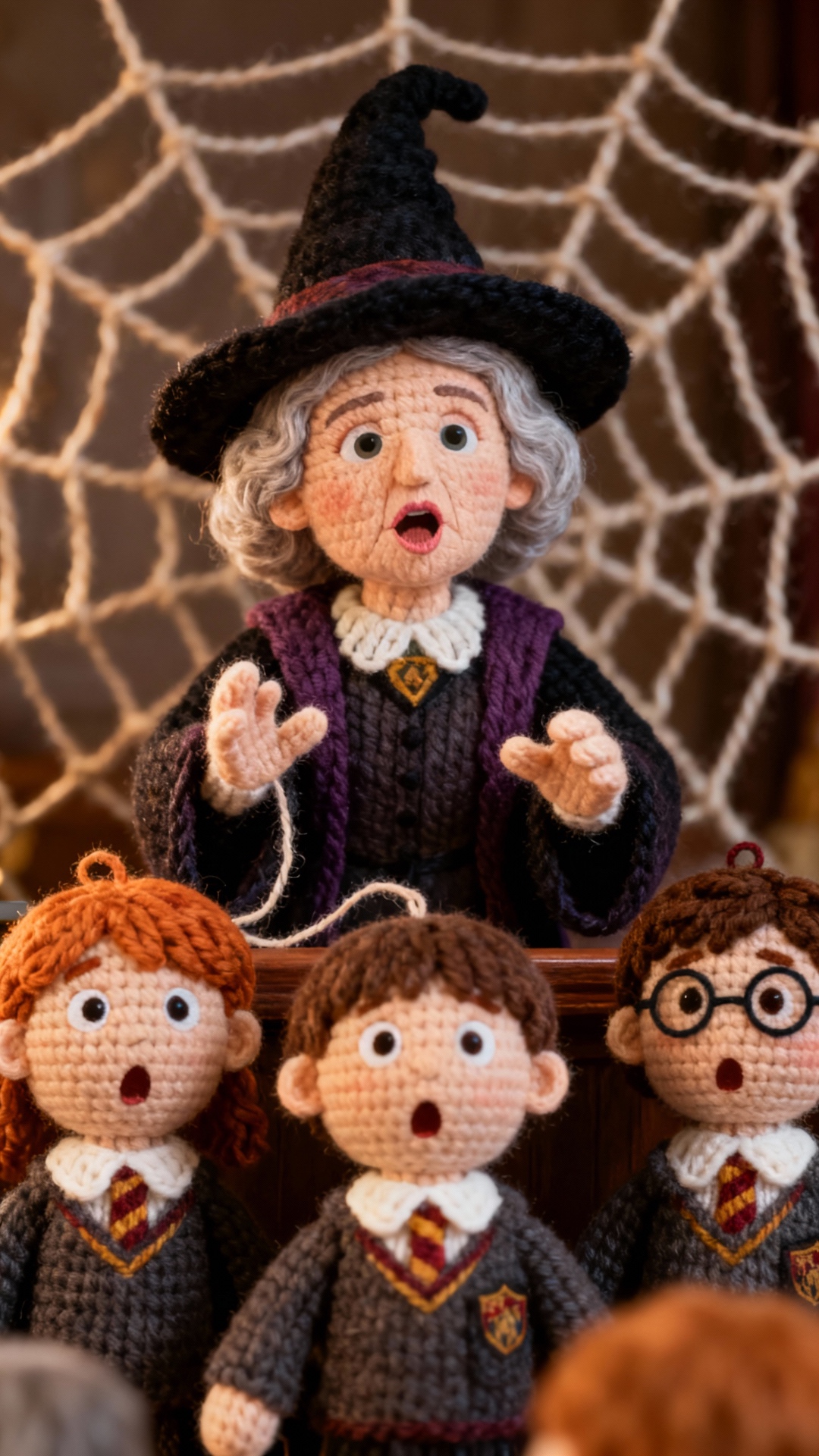 Announcement of school closure   
“Knitted Headmistress McGonagall announces to students, soft mo...