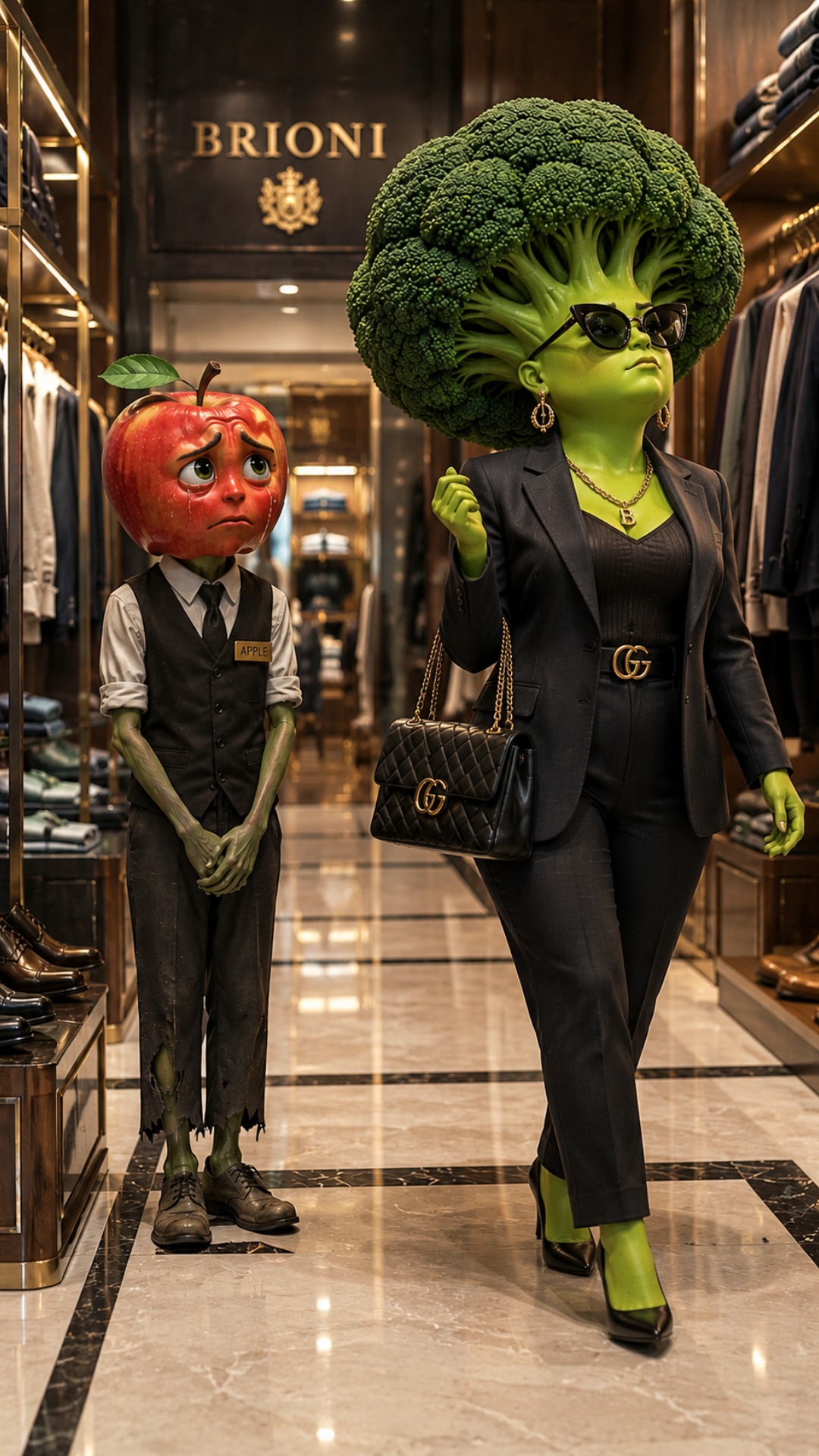 Broccoli महंगे कपड़े खरीदता है, Apple उसे उम्मीद से देखता है लेकिन Broccoli ignore करता है.
SFX: ...