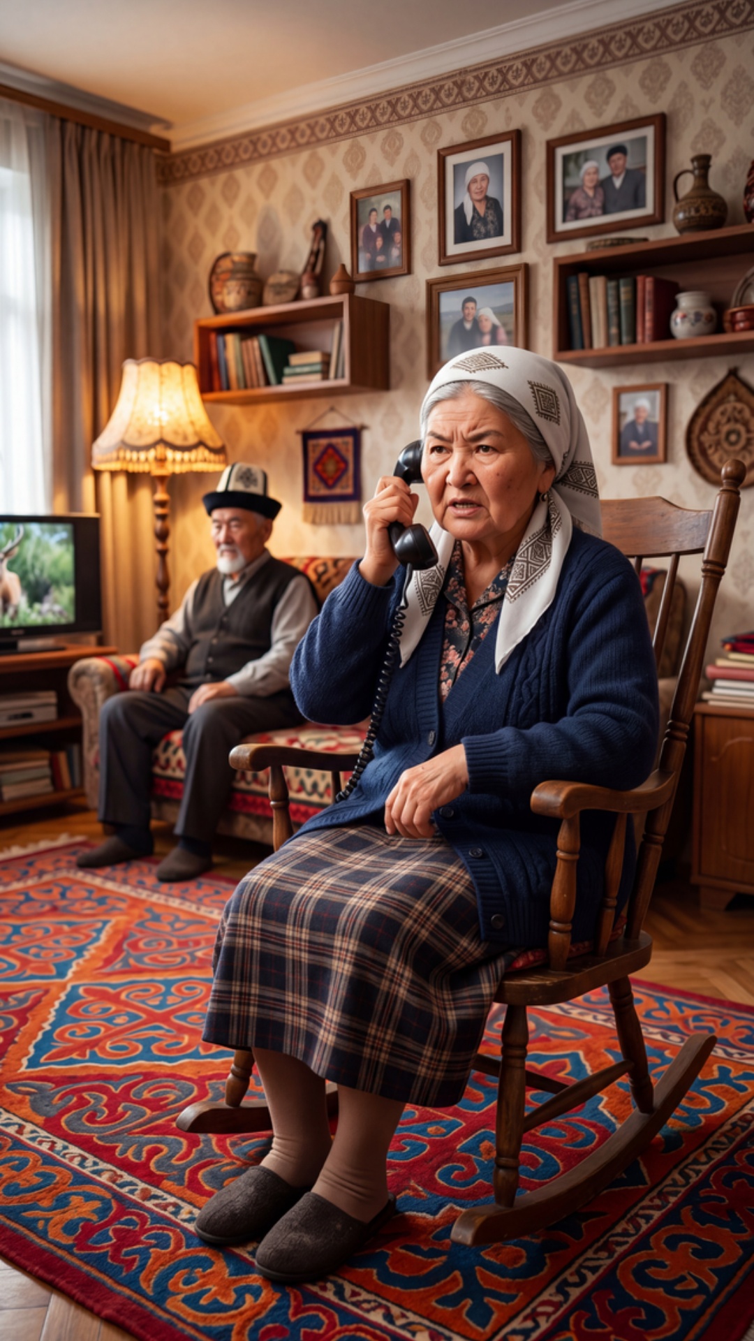 Cinematic 4K video, realistic animation style, elderly Kyrgyz 
woman in her 60s, wearing white t...