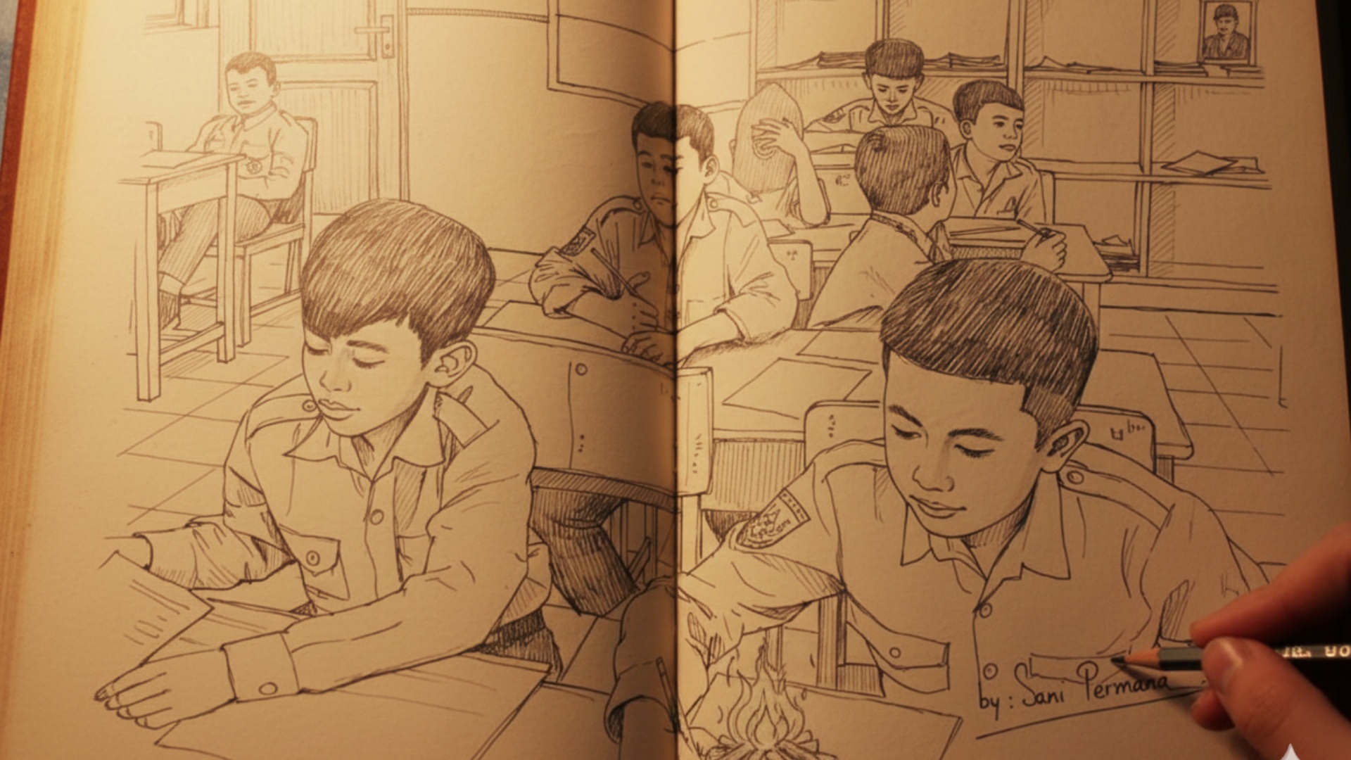 ultra detailed close-up of an open old book, warm candlelight, a small campfire is drawn on the p...