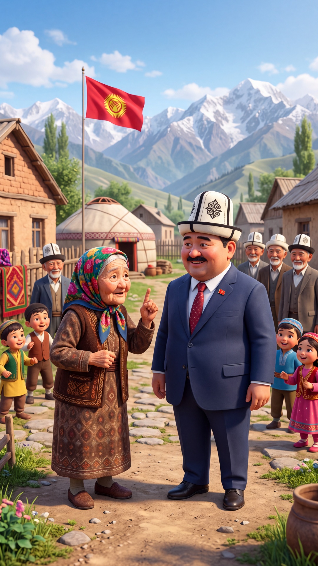 Image-to-video from the provided frame. Pixar-style 3D, 9:16. The GRANDMA (elderly Kyrgyz woman, ...