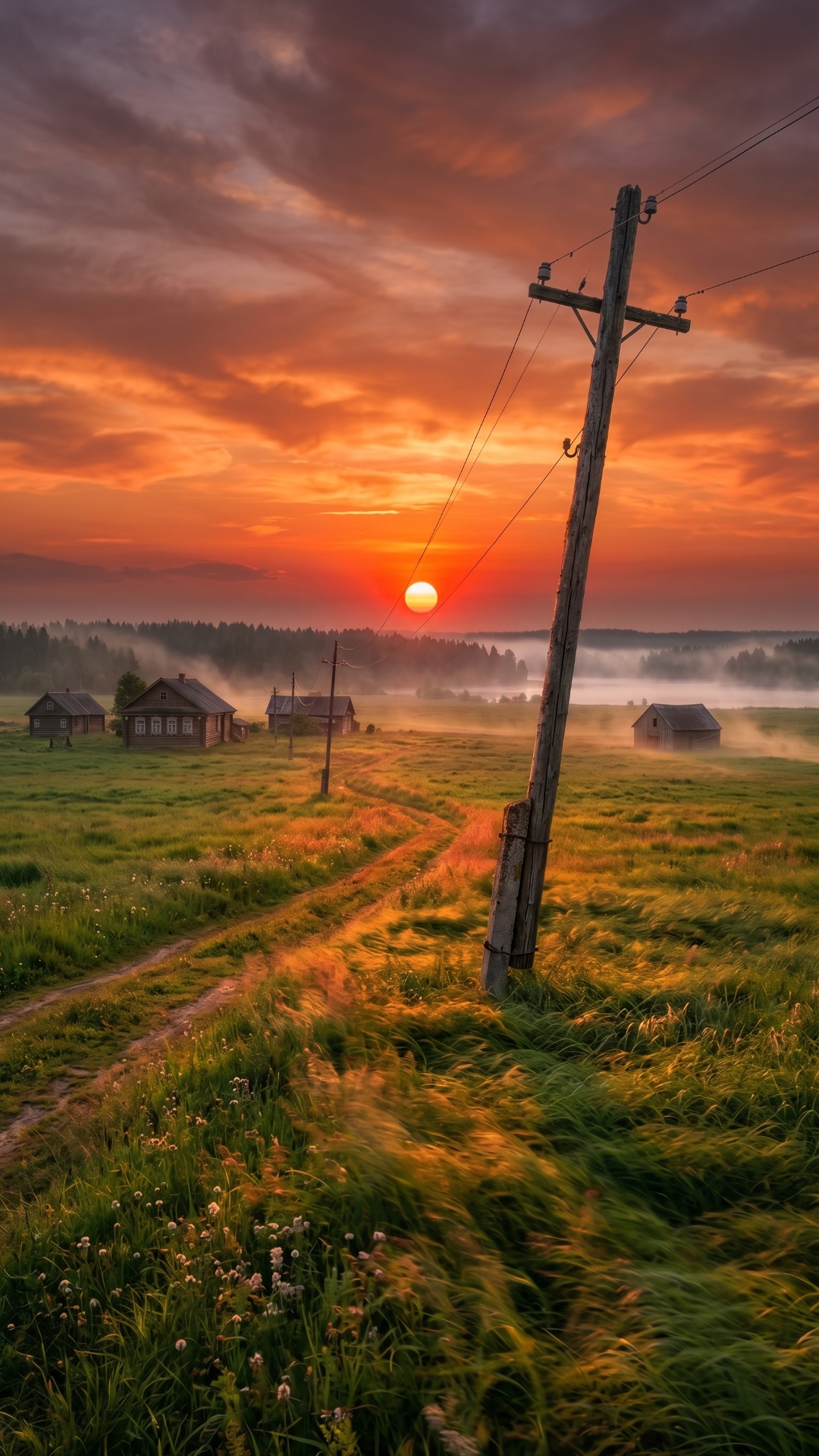 A leaning wooden utility pole stands in a wide open countryside at dramatic sunset, with a windin...