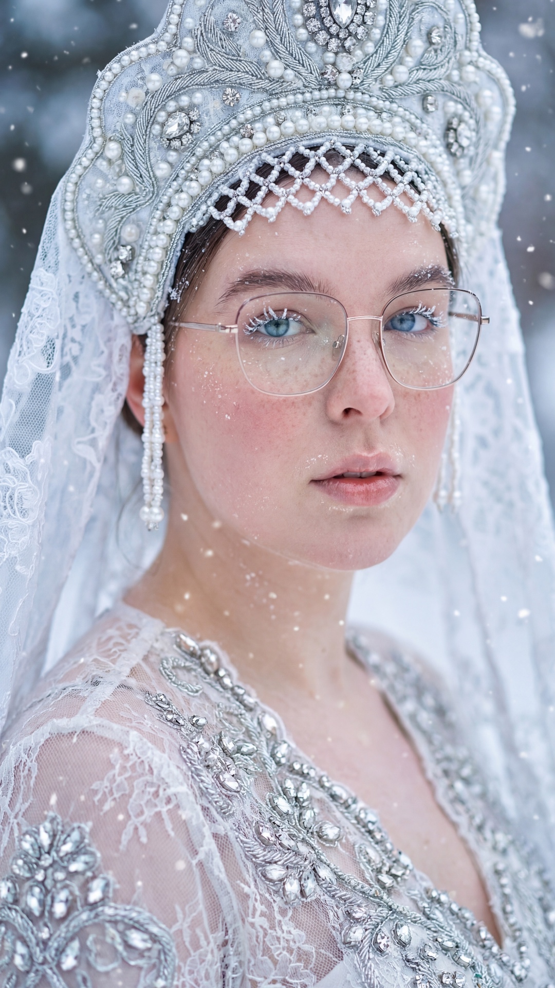 Subtle cinematic motion, gentle falling snow, soft winter wind moving veil and hair, slow blinkin...