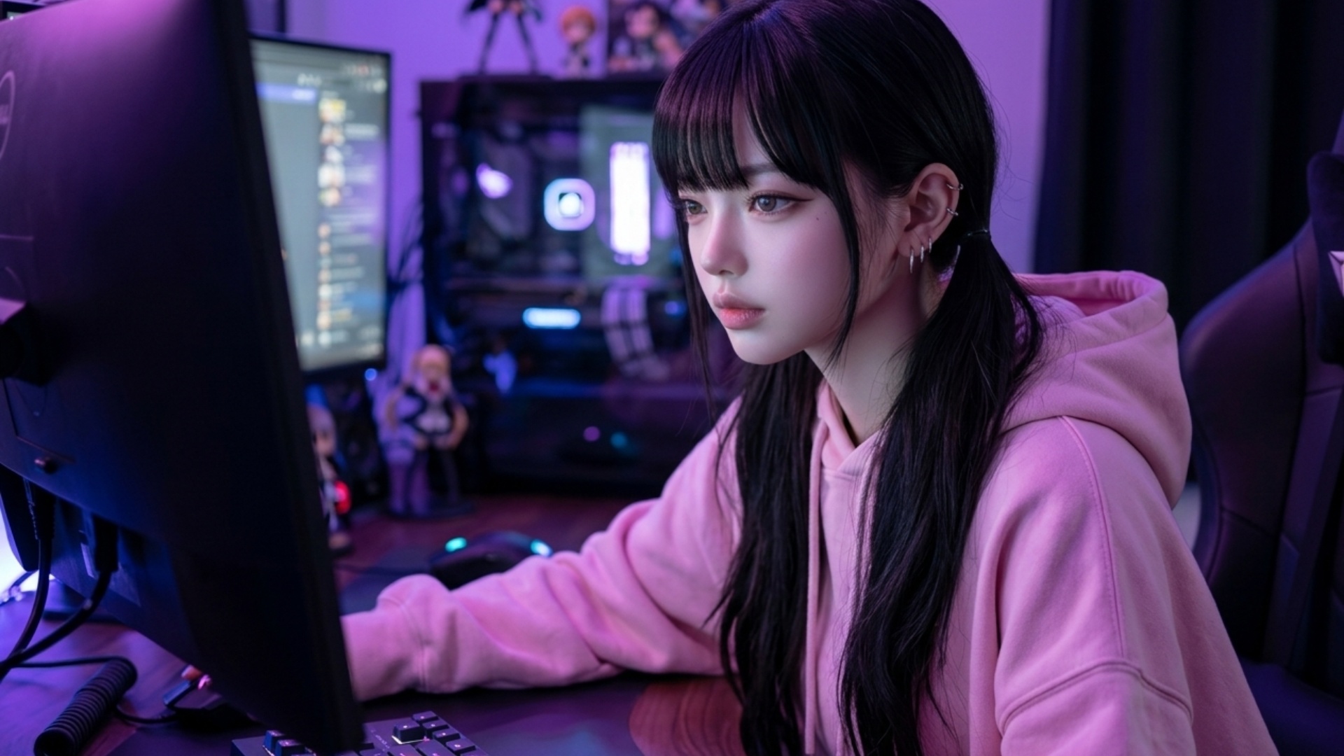 She watches screen intently, then eyes slowly go wide as something shocking happens — she leans f...