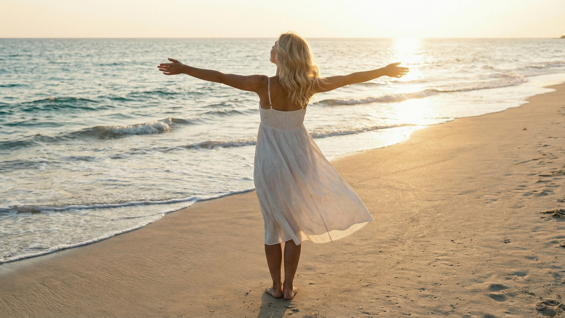 Subject: Woman in a flowing white summer dress
Context: Sunset beach at golden hour with warm bac...