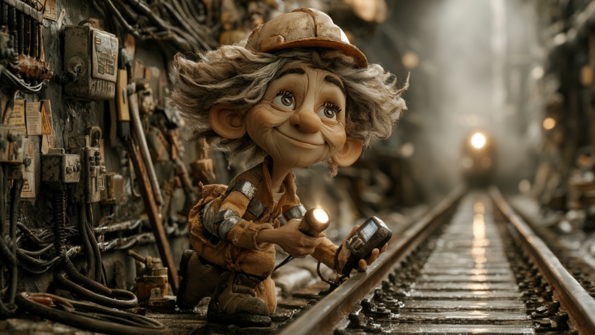 The subway maintenance worker slowly moves the handheld detector along the steel rail while shini...