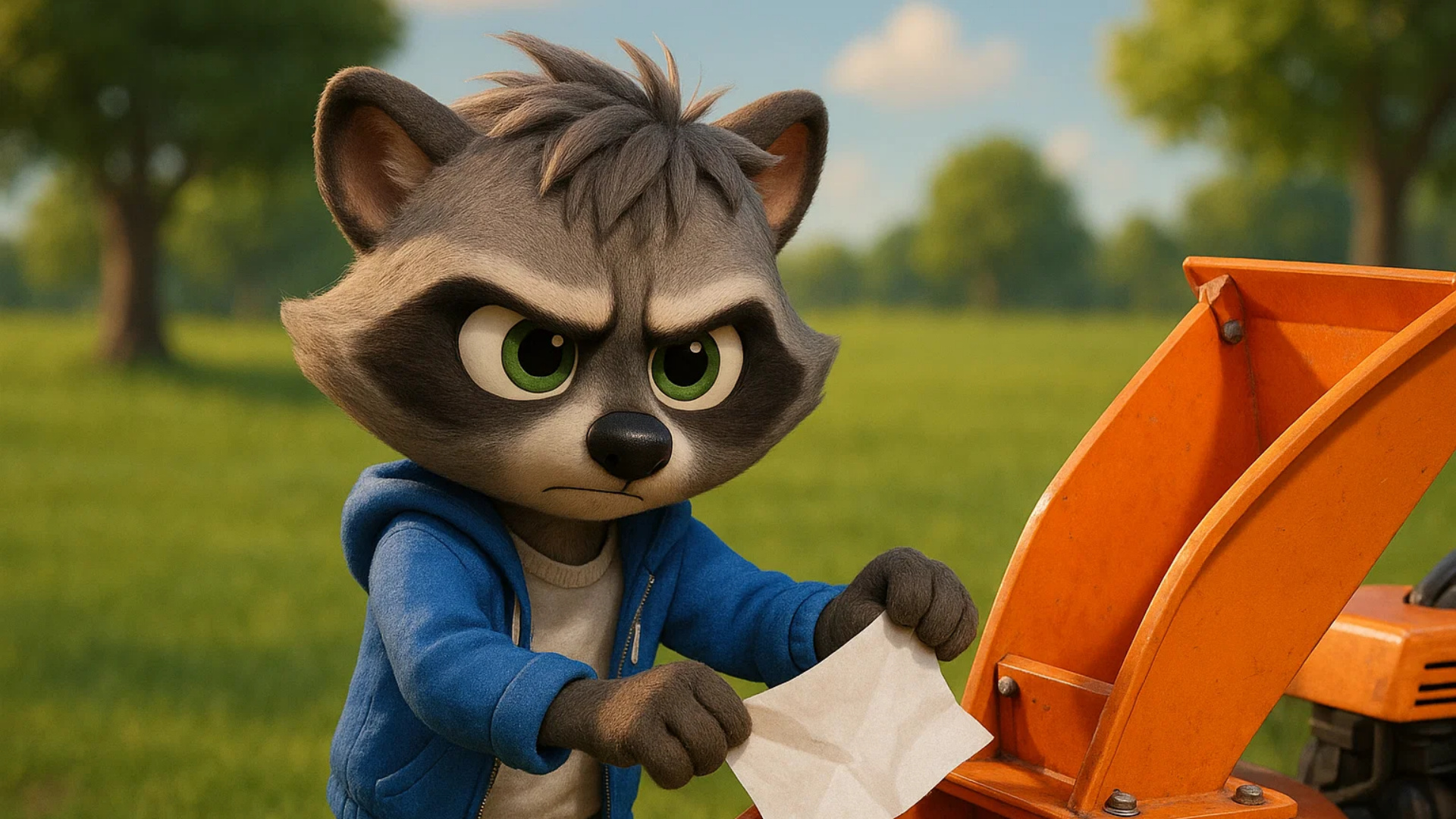 3d animation of anthro raccoon male kid putting the paper in the wood-chipper as the paper gets s...