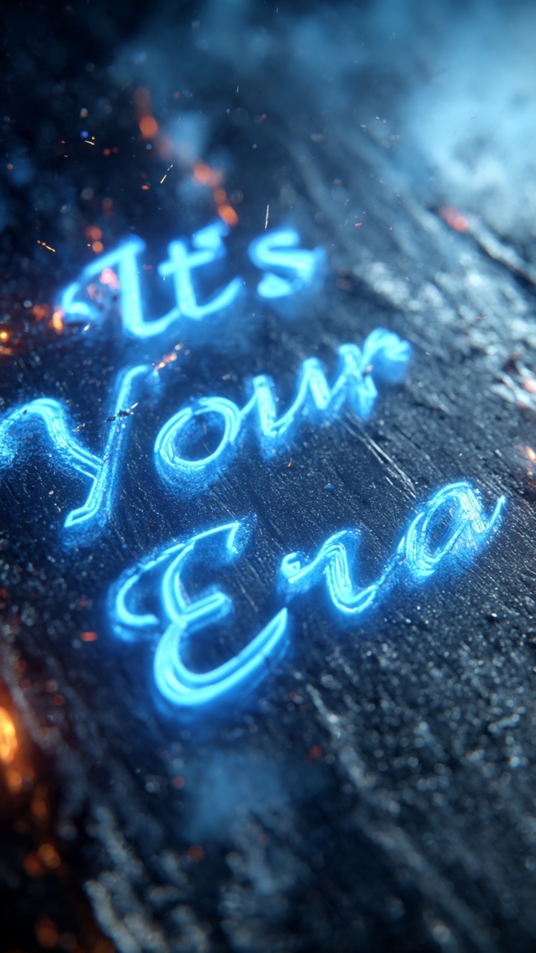 Cinematic blue neon dark background, brushed steel metal surface, the text "It’s Your Era" being ...