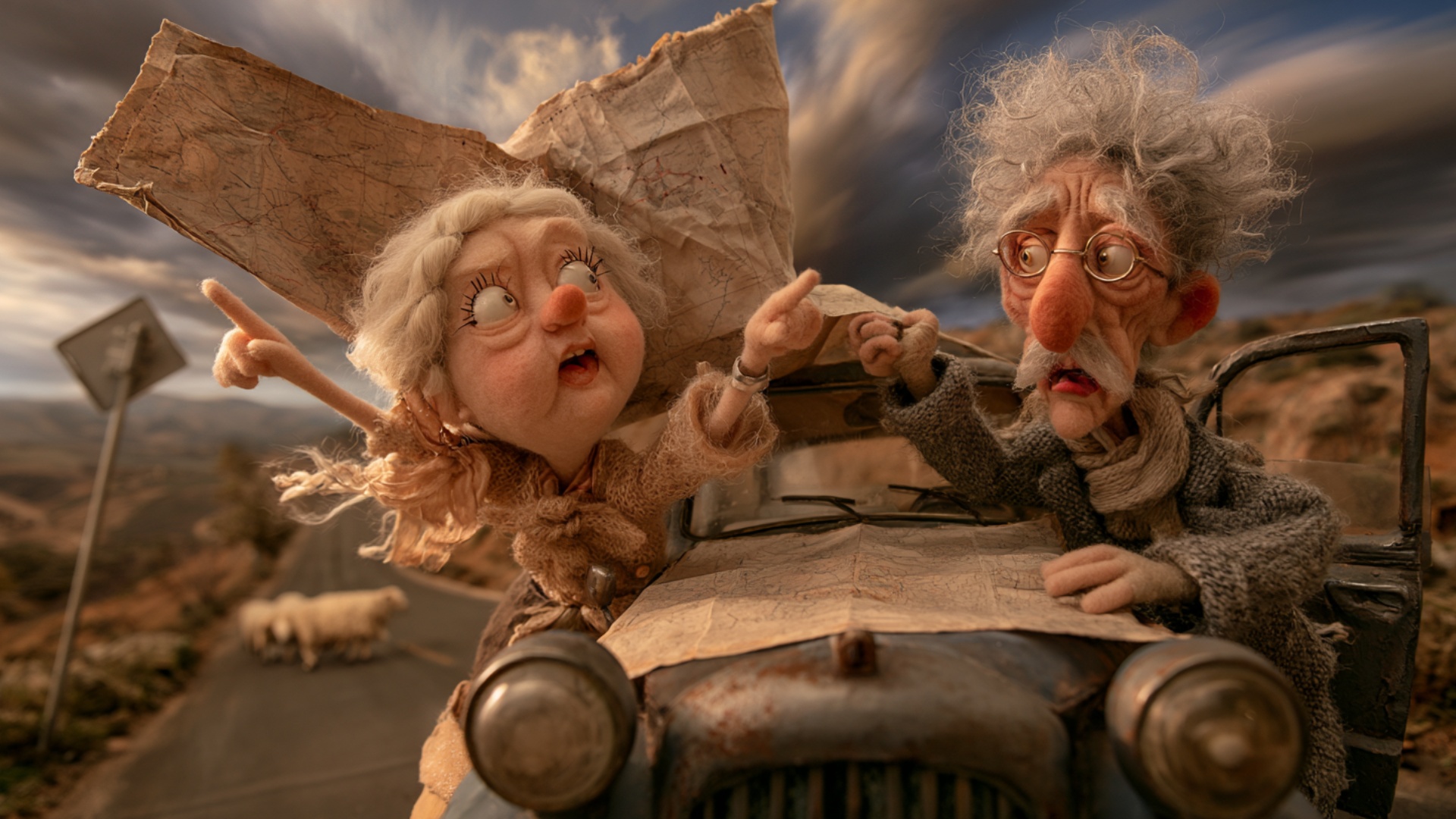 A strong gust catches the huge paper map spread across the car hood. The elderly woman firmly hol...