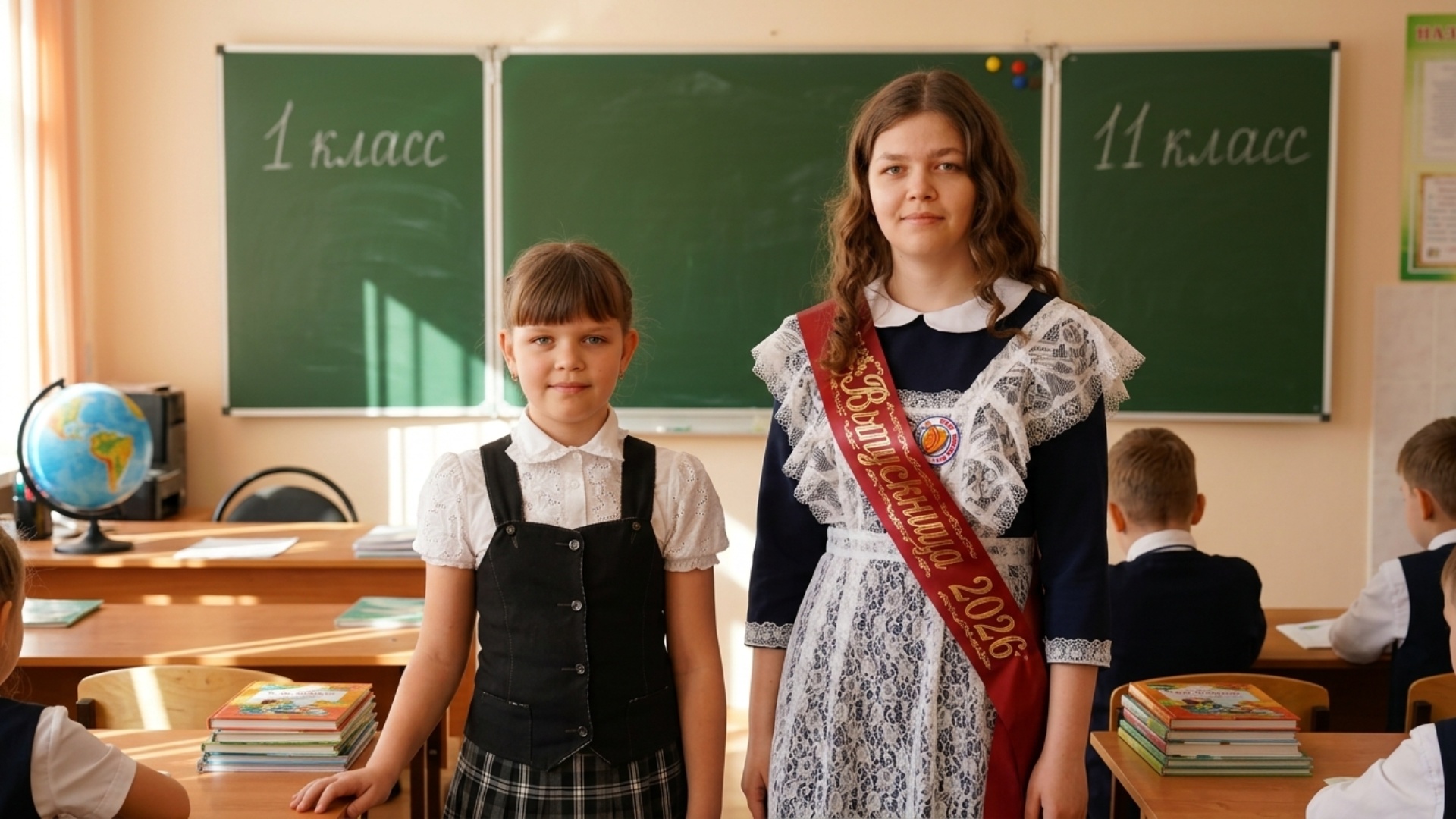 "Animate the scene from the uploaded image. Make the older girl gently lean toward the younger ch...