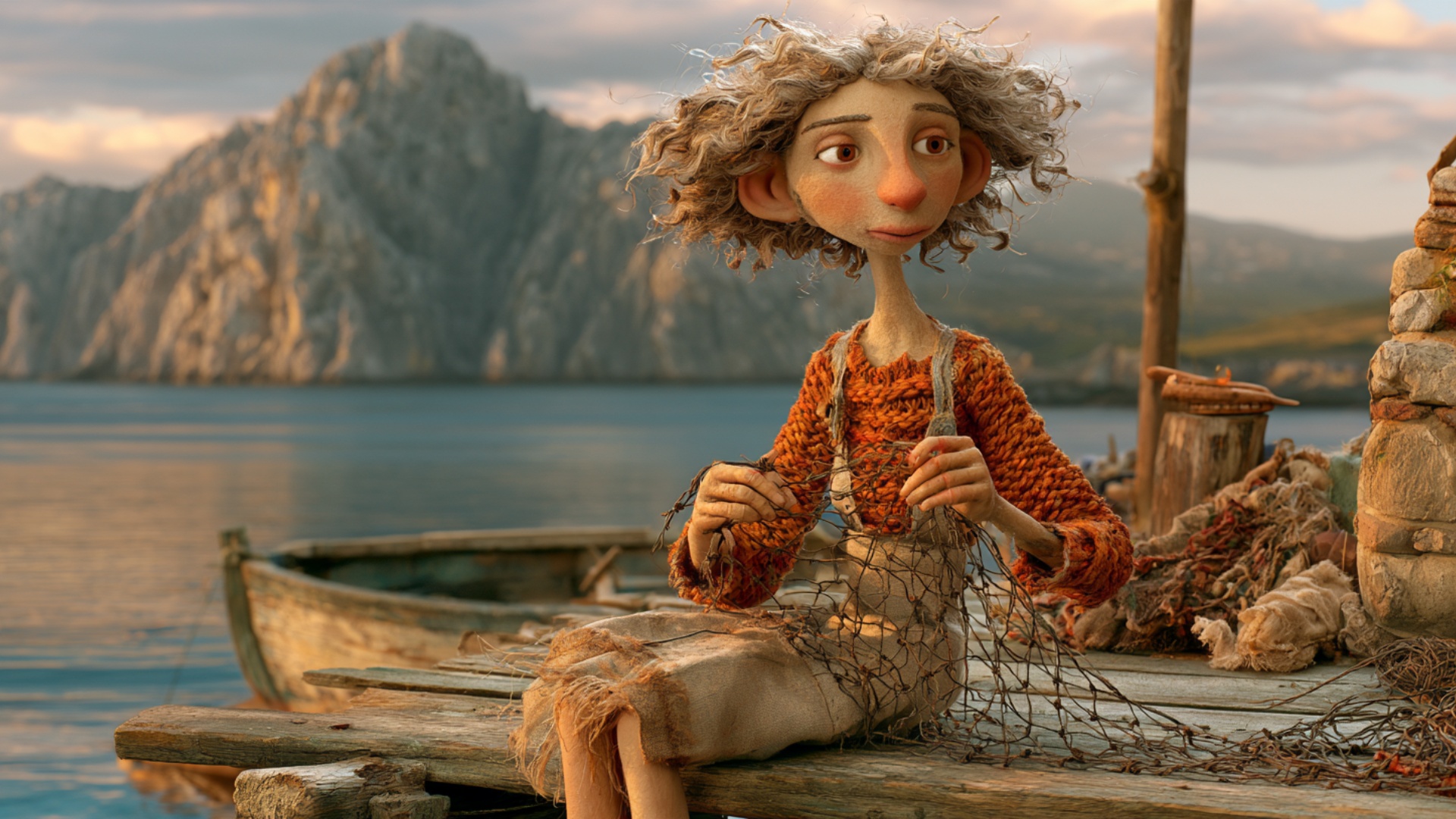 Gentle cinematic push-in. The woman inspects the exact section of fishing net already held betwee...